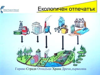 Footprint components Fossilenergie   verbaute  Abfall  Nahrung  Holz und Faser Fläche W.Pekny, Plattform Footprint Екологичен отпечатък Гориво   Сгради   Отпадъци  Храна  Дрехи,дървесина 