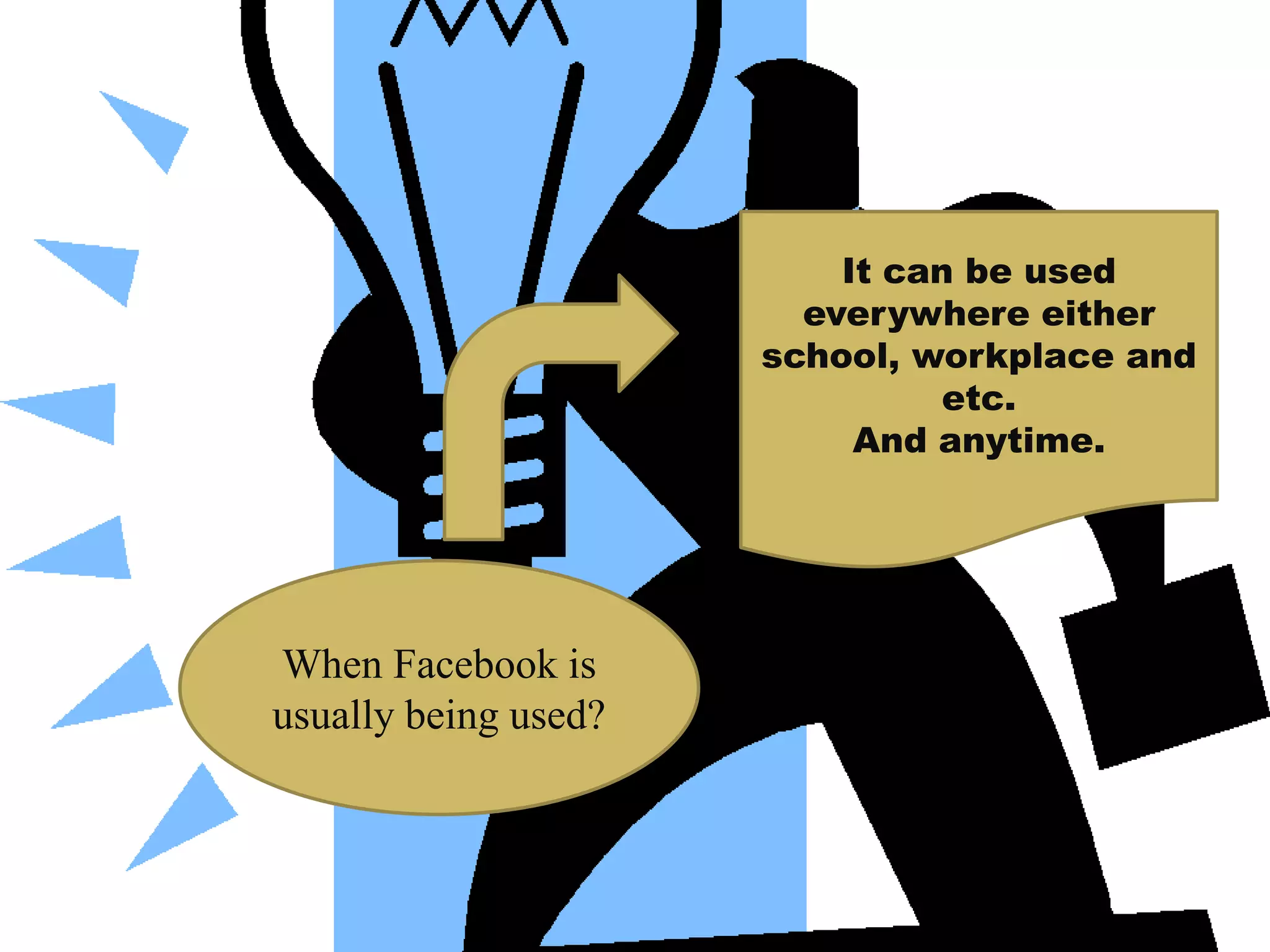 It can be used
everywhere either
school, workplace and
etc.
And anytime.
When Facebook is
usually being used?