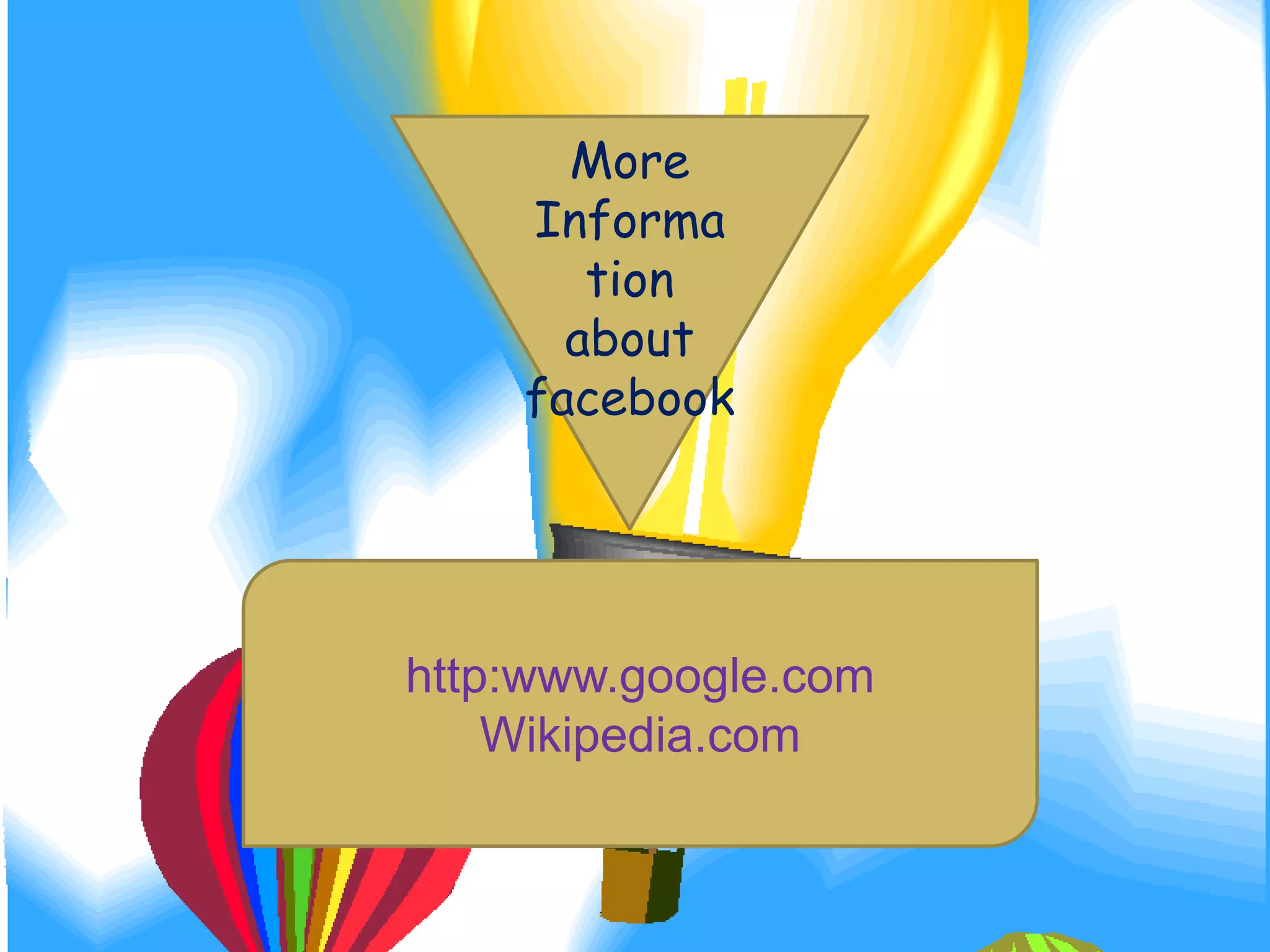 More
Informa
tion
about
facebook
http:www.google.com
Wikipedia.com