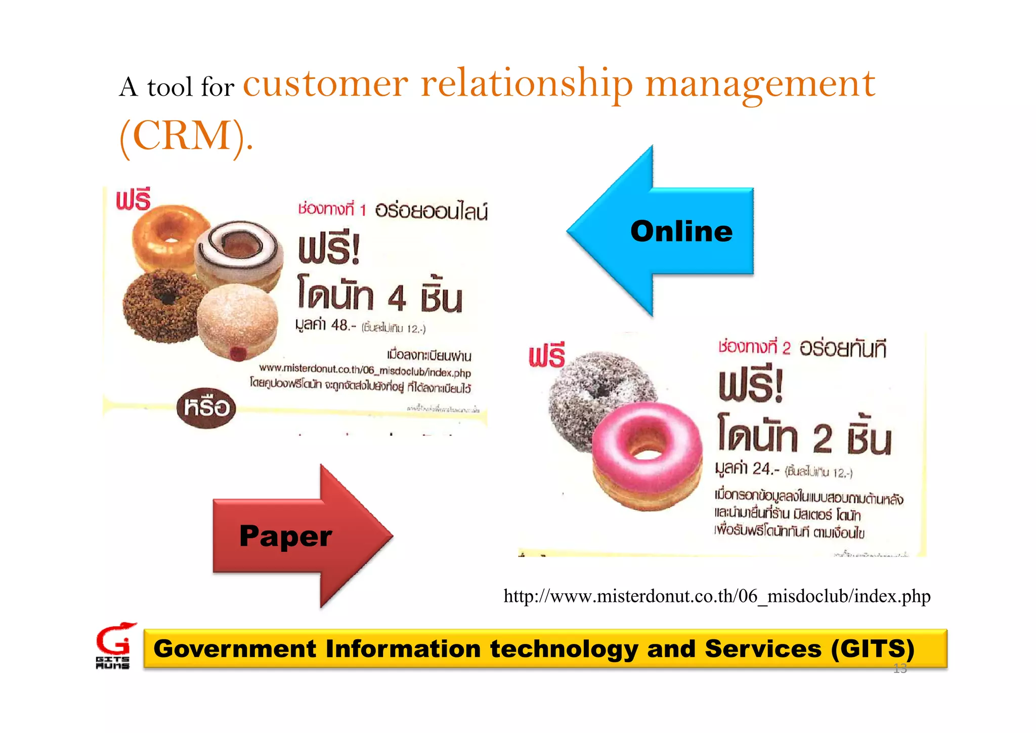 A tool for customer   relationship management
(CRM).

                                         Online




       Paper
                          http://www.misterdonut.co.th/06_misdoclub/index.php
  Government Information technology and Services (GITS)
                                                                        13
 