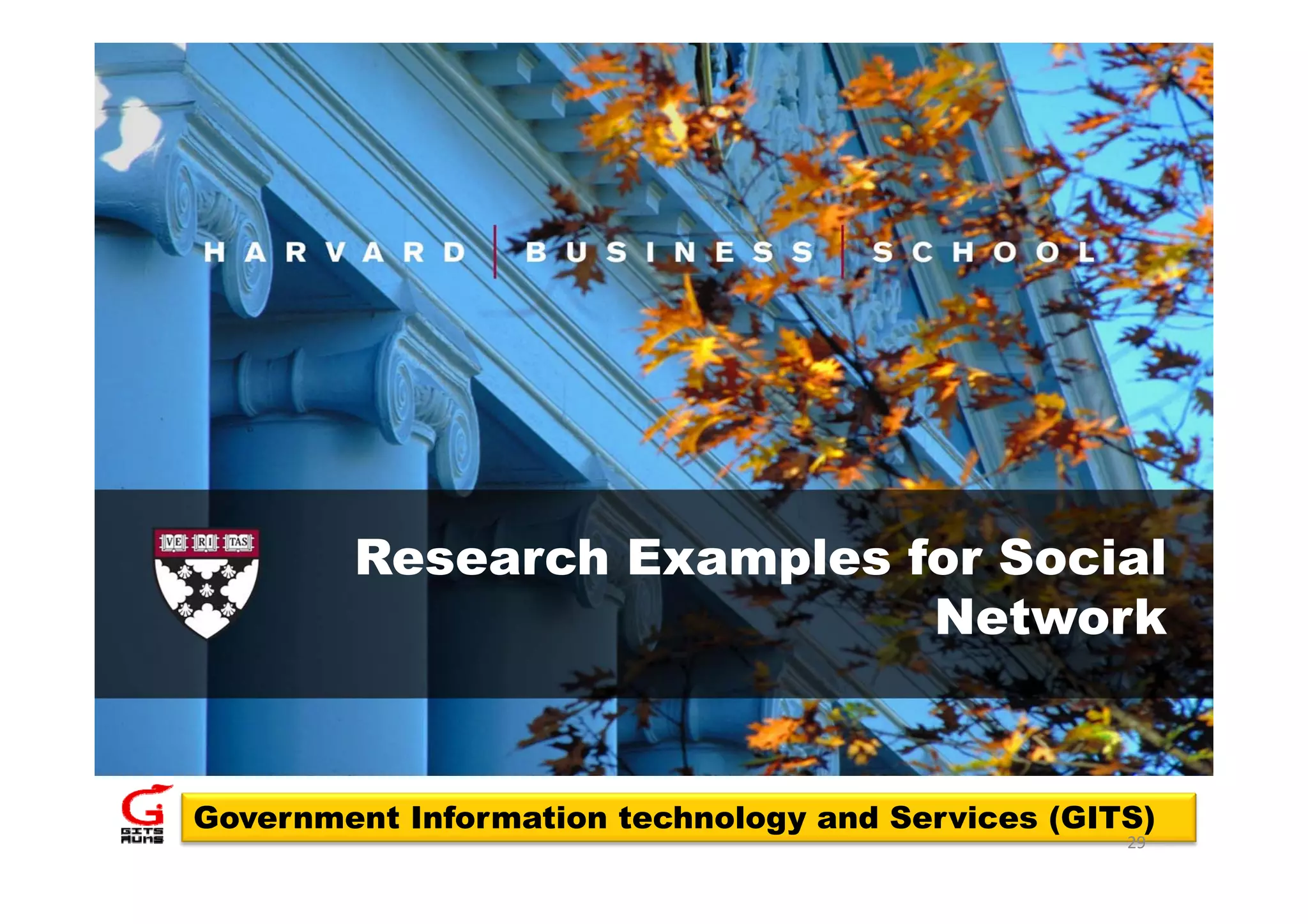 Research Examples for Social
                           Network


Government Information technology and Services (GITS)
                                                   29
 