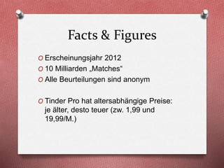 Facts & Figures
O Erscheinungsjahr 2012
O 10 Milliarden „Matches“
O Alle Beurteilungen sind anonym
O Tinder Pro hat altersabhängige Preise:
je älter, desto teuer (zw. 1,99 und
19,99/M.)
 