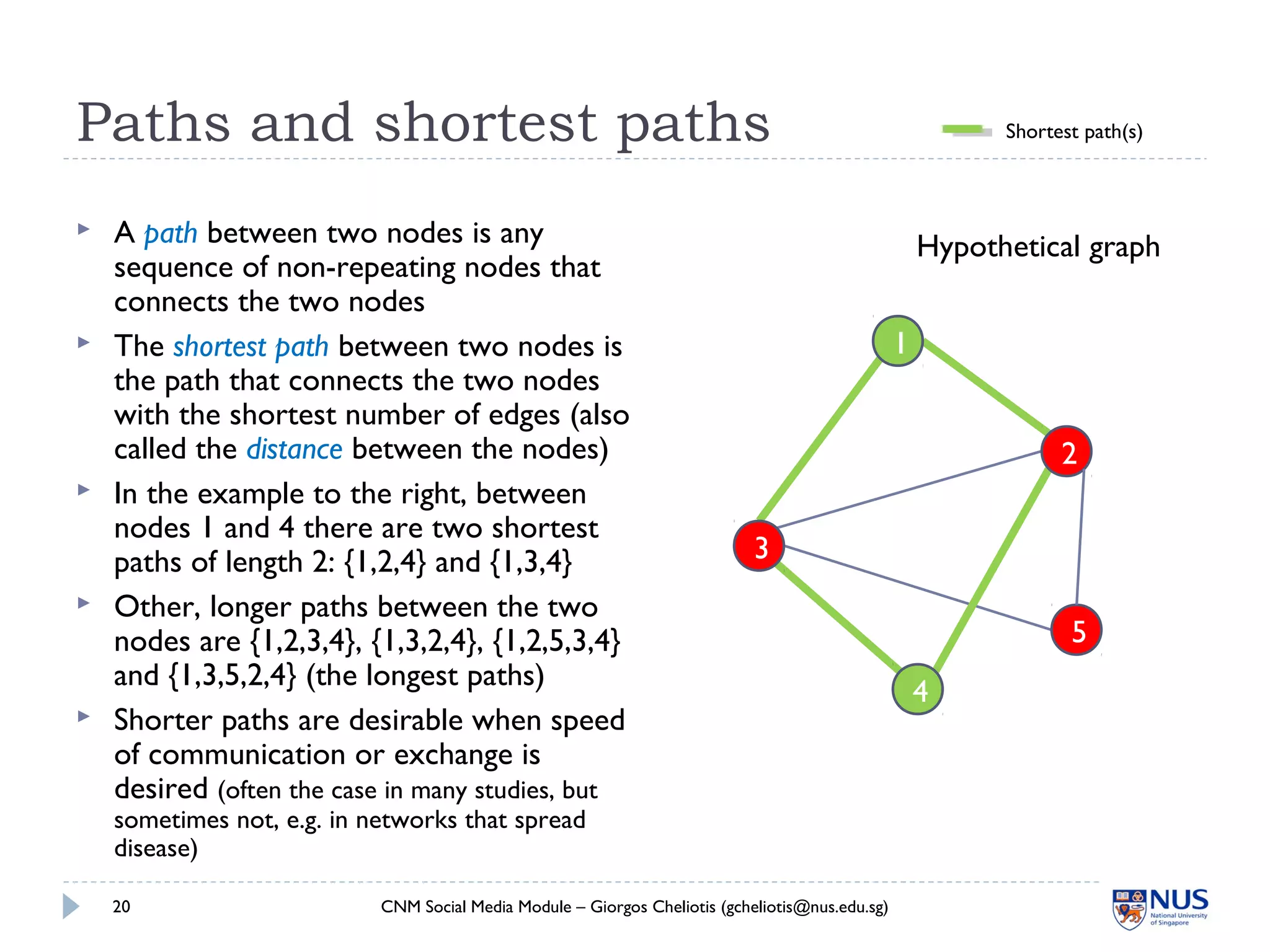 Paths and shortest paths
CNM Social Media Module – Giorgos Cheliotis (gcheliotis@nus.edu.sg)20
1
2
3
4
 A path between two nodes is any
sequence of non-repeating nodes that
connects the two nodes
 The shortest path between two nodes is
the path that connects the two nodes
with the shortest number of edges (also
called the distance between the nodes)
 In the example to the right, between
nodes 1 and 4 there are two shortest
paths of length 2: {1,2,4} and {1,3,4}
 Other, longer paths between the two
nodes are {1,2,3,4}, {1,3,2,4}, {1,2,5,3,4}
and {1,3,5,2,4} (the longest paths)
 Shorter paths are desirable when speed
of communication or exchange is
desired (often the case in many studies, but
sometimes not, e.g. in networks that spread
disease)
Shortest path(s)
5
Hypothetical graph
 