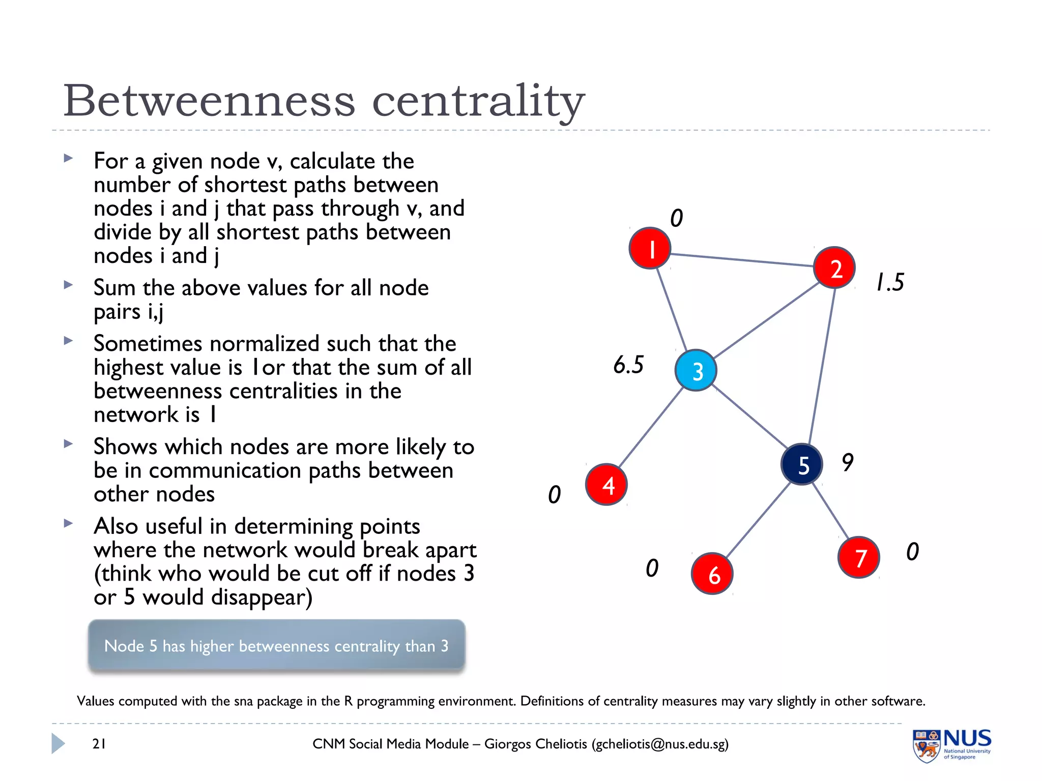 Betweenness centrality
 For a given node v, calculate the
number of shortest paths between
nodes i and j that pass through v, and
divide by all shortest paths between
nodes i and j
 Sum the above values for all node
pairs i,j
 Sometimes normalized such that the
highest value is 1or that the sum of all
betweenness centralities in the
network is 1
 Shows which nodes are more likely to
be in communication paths between
other nodes
 Also useful in determining points
where the network would break apart
(think who would be cut off if nodes 3
or 5 would disappear)
CNM Social Media Module – Giorgos Cheliotis (gcheliotis@nus.edu.sg)21
1
2
3
4
5
6
7
0
1.5
6.5
0
9
0
0
Node 5 has higher betweenness centrality than 3
Values computed with the sna package in the R programming environment. Definitions of centrality measures may vary slightly in other software.
 