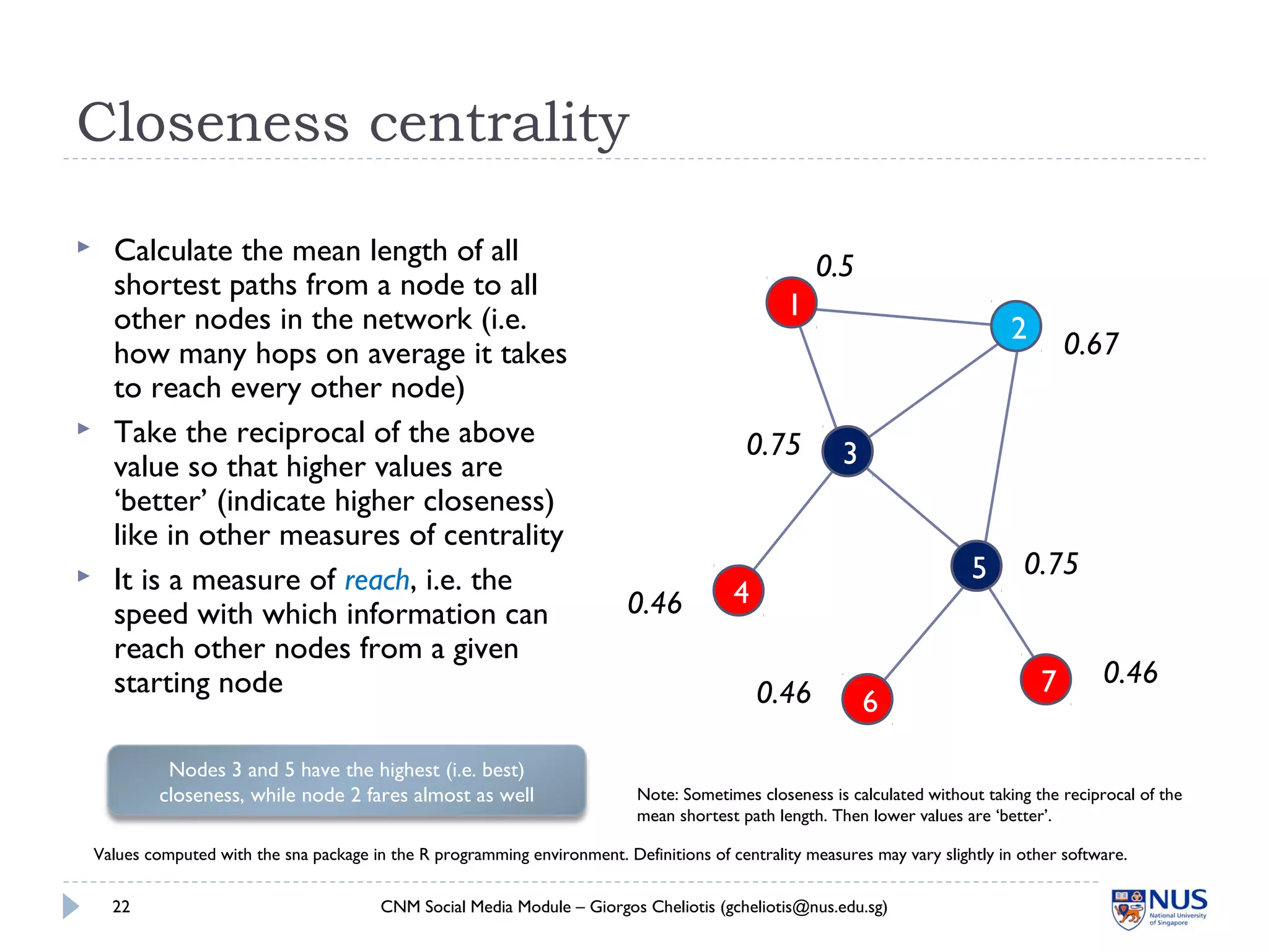 Closeness centrality
 Calculate the mean length of all
shortest paths from a node to all
other nodes in the network (i.e.
how many hops on average it takes
to reach every other node)
 Take the reciprocal of the above
value so that higher values are
‘better’ (indicate higher closeness)
like in other measures of centrality
 It is a measure of reach, i.e. the
speed with which information can
reach other nodes from a given
starting node
CNM Social Media Module – Giorgos Cheliotis (gcheliotis@nus.edu.sg)22
1
2
3
4
5
6
7
0.5
0.67
0.75
0.46
0.75
0.46
0.46
Nodes 3 and 5 have the highest (i.e. best)
closeness, while node 2 fares almost as well Note: Sometimes closeness is calculated without taking the reciprocal of the
mean shortest path length. Then lower values are ‘better’.
Values computed with the sna package in the R programming environment. Definitions of centrality measures may vary slightly in other software.
 