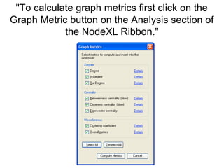 "To calculate graph metrics first click on the
Graph Metric button on the Analysis section of
the NodeXL Ribbon."
 