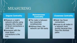MEASURING
Degree Centrality
Measure a node’s
network activity using
degrees (the number
of direct connections a
node has).
Someone with the
most direct
connections is the
hub.
Betweenness
Centrality
The node is between
two important
constituencies
Without them, the
network can fail easily
Closeness Centrality
Node has fewer
connections
Access to all nodes in
a network more
quickly because they
have the shortest
paths
 