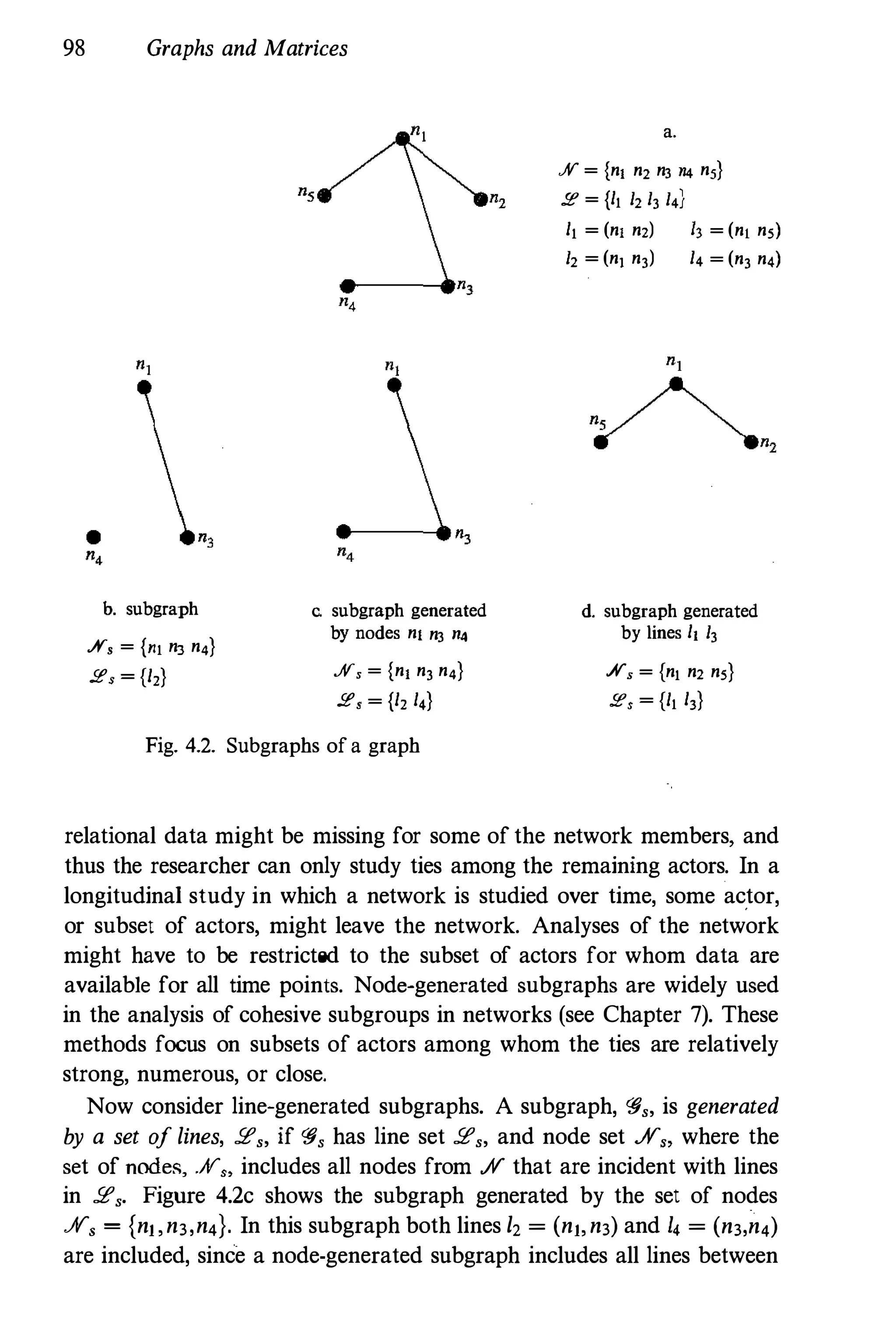 98 Graphs and Matrices
h. subgraph
.!VS = {nI n3 n4}
2, � {I,}
.----.n,
'----.n,
c. subgraph generated
by nodes nI n3 114
.#"s = {ni n3 n4}
2, � {I, I,}
Fig. 4.2. Subgraphs ofa graph
a.
ff = {ni n2 n3 H4 nS}
.Ie = {II 12 13 14}
II = (nI nz)
12 = (n} n3)
iJ = (ni ns)
14 = (n3 n4)
d. subgraph generated
by lines II 13
.A"'s = {nI n2 ns}
2, � {II I,}
relational data might be missing for some of the network members, and
thus the researcher can only study ties among the remaining actors. In a
longitudinal study in which a network is studied over time, some actor,
or subset of actors, might leave the network. Analyses of the network
might have to be restricted to the subset of actors for whom data are
available for all time points. Node-generated subgraphs are widely used
in the aoalysis of cohesive subgroups in networks (see Chapter 7). These
methods focus on subsets of actors among whom the ties are relatively
strong, numerous, or close.
Now consider line-generated subgraphs. A subgraph, '§" is generated
by a set of lines, !l?" if '§, has line set !l?" and node set .IV" where the
set of nodes, .ff" includes all nodes from ..¥ that are incident with lines
in !l?,. Figure 4.2c shows the subgraph generated by the set of nodes
..¥, = {nJ,n3,n4}. In this subgraph both lines h = (nJ,n3) and I, = (n3,n4)
are included, since a node-generated subgraph includes all lines between
 