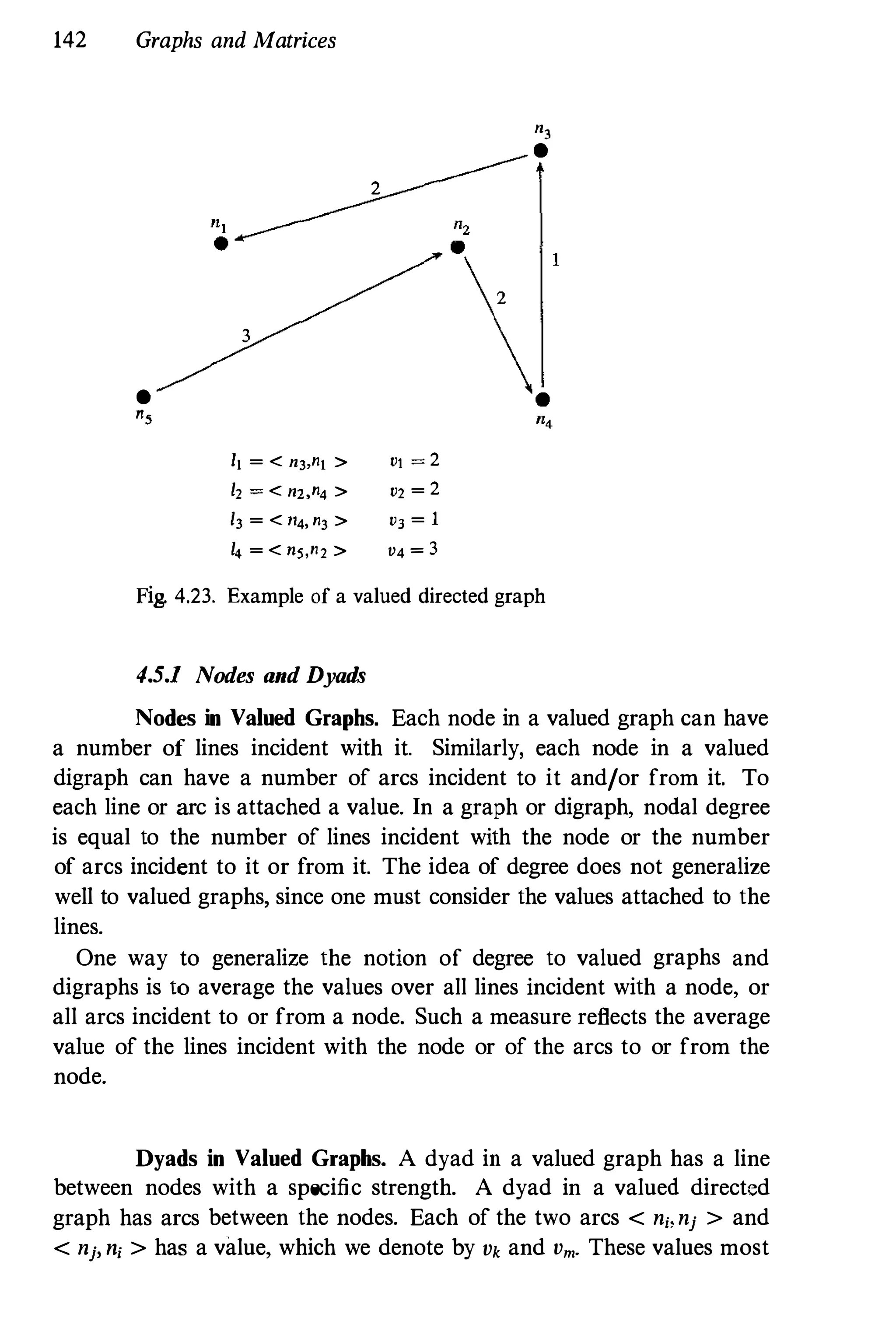 142 Graphs and Matrices
•
",
3
II = < n3,nl >
12 = < nz,n4 >
13 = < 1l4,n3 >
14 = < ns,n2 >
2
VI = 2
V2 = 2
V3 = 1
V4 = 3
n,
•
Fig. 4.23. Example of a valued directed graph
4.5.1 Nodes and Dyads
Nodes in Valued Graphs. Each node in a valued graph can have
a number of lines incident with it. Similarly, each node in a valued
digraph can have a number of arcs incident to it and/or from it. To
each line or arc is attached a value. In a graph or digraph, nodal degree
is equal to the number of lines incident with the node or the number
of arcs incident to it or from it. The idea of degree does not generalize
well to valued graphs, since one must consider the values attached to the
lines.
One way to generalize the notion of degree to valued graphs and
digraphs is to average the values over all lines incident with a node, or
all arcs incident to or from a node. Such a measure refieets the average
value of the lines incident with the node or of the arcs to or from the
node.
Dyads in Valued Graphs. A dyad in a valued graph has a line
between nodes with a specific strength. A dyad in a valued directed
graph has arcs between the nodes. Each of the two arcs < n,.nj > and
< nj, n, > has a value, which we denote by Vk and Vm• These values most
 