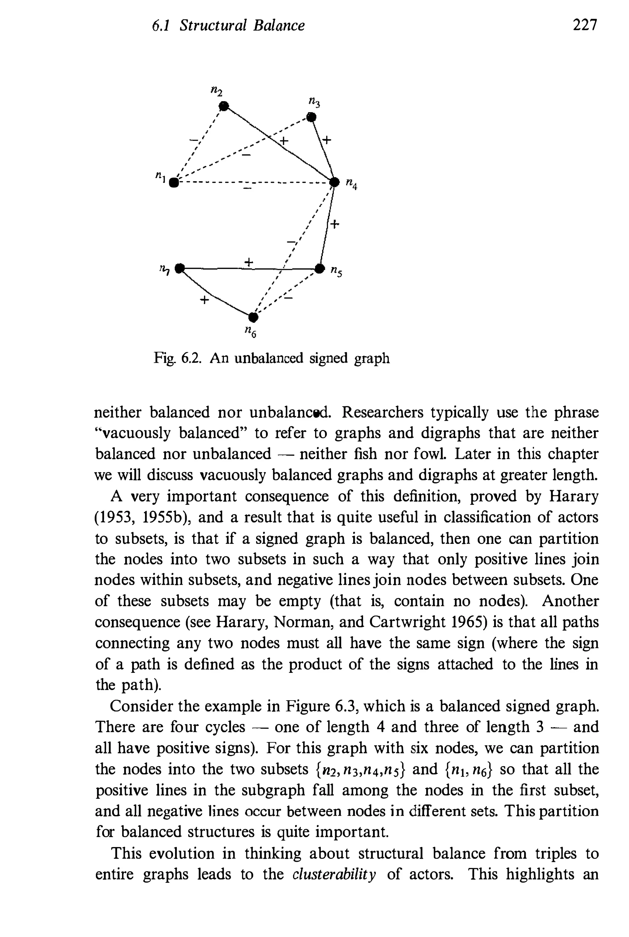 6.1 Structural Balance
-.'
, --
+
n1 .::::�--_ _ _ _ _ -..:.
-_ _ _ -- _ _ _ - - -
+
-,
n, �------,,+,,---,',-� n,
,
����
+
" "
,
:
,
,-,--
Fig. 6.2. An unbalanced signed graph
227
neither balanced nor unbalanced. Researchers typically use the phrase
"vacuously balanced" to refer to graphs and digraphs that are neither
balanced nor unbalanced - neither fish nor fowl. Later in this chapter
we will discuss vacuously balanced graphs and digraphs at greater length.
A very important consequence of this definition, proved by Harary
(1953, 1955b), and a result that is quite useful in classification of actors
to subsets, is that if a signed graph is balanced, then one can partition
the nodes into two subsets in such a way that only positive lines join
nodes within subsets, and negative linesjoin nodes between subsets. One
of these subsets may be empty (that is, contain no nodes). Another
consequence (see Harary, Norman, and Cartwright 1965) is that all paths
connecting any two nodes must all have the same sign (where the sign
of a path is defined as the product of the signs attached to the lines in
the path).
Consider the example in Figure 6.3, which is a balanced signed graph.
There are four cycles - one of length 4 and three of length 3 - and
all have positive signs). For this graph with six nodes, we can partition
the nodes into the two subsets {m, n3,n4,ns} and {nj, n6} so that all the
positive lines in the subgraph fall among the nodes in the first subset,
and all negative lines OCcur between nodes in different sets. This partition
for balanced structures is quite important.
This evolution in thinking about structural balance from triples to
entire graphs leads to the clusterability of actors. This highlights an
 