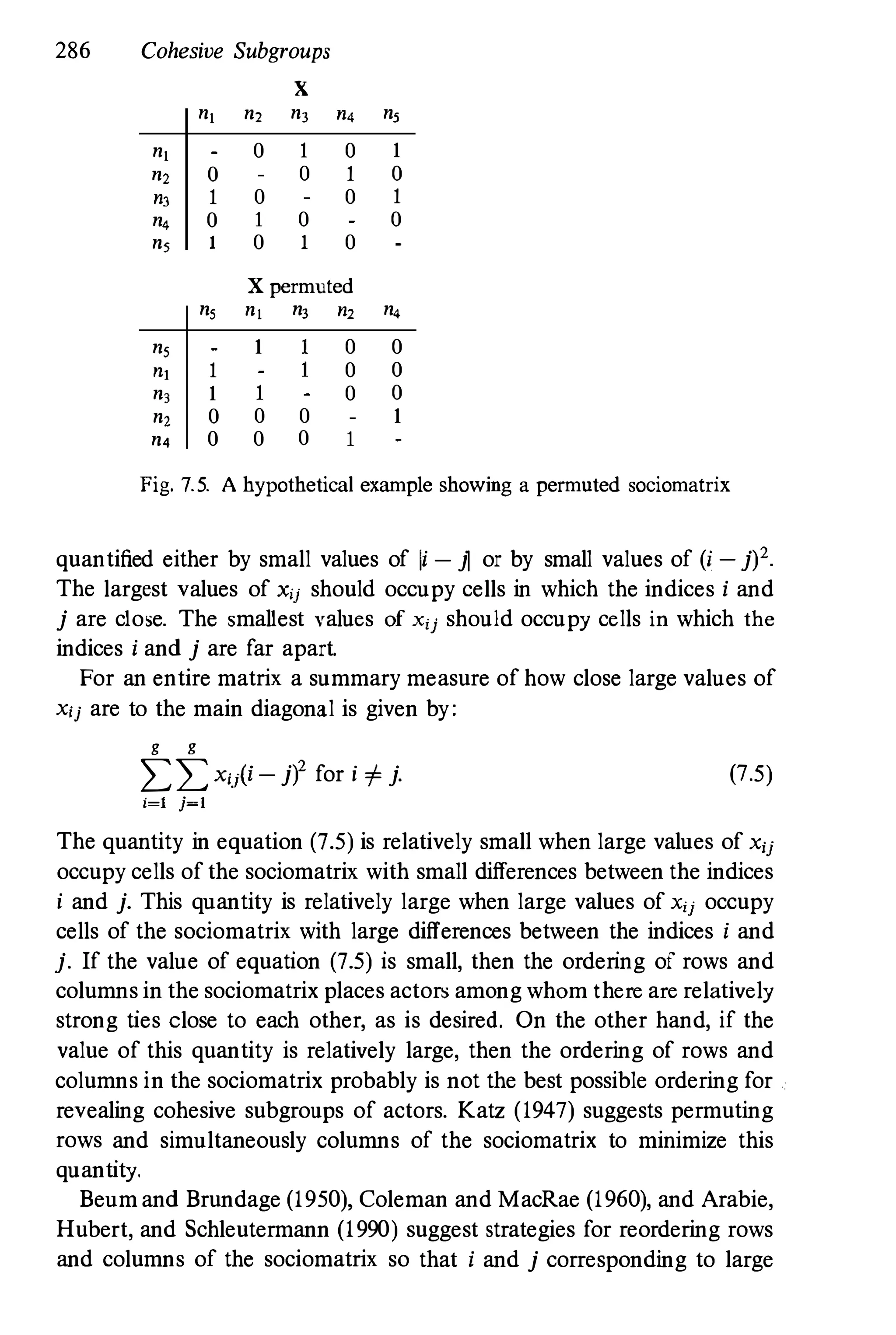 286 Cohesive Subgroups
X
n) n, n3 "4 n,
n) 0 1 0 1
n, 0 0 1 0
"3 1 0 0 1
n4 0 1 0 0
n, 1 0 1 0
X permuted
n, n) n3 ", n,
n, 1 0 0
") 1 0 0
n3 1 1 0 0
n, 0 0 0 1
n4 0 0 0 1
Fig. 7.5. A hypothetical example showing a permuted sociomatrix
quantified either by small values of Ii - jl or by small values of (i _
j)2
The largest values of xij should occupy cells in which the indices i and
j are close. The smallest values of xii should occupy cells in which the
indices i and j are far apart.
For an entire matrix a summary measure of how close large values of
Xij are to the main diagonal is given by :
g g
��xij(i -j)
2
for i i= j.
i=l j=l
(7.5)
The quantity in equation (7.5) is relatively small when large values of Xii
occupy cells of the sociomatrix with small differences between the indices
i and j. This quantity is relatively large when large values of Xii occupy
cells of the sociomatrix with large differences between the indices i and
j. If the value of equation (7.5) is small, then the ordering of rows and
columns in the sociomatrix places actors among whom there are relatively
strong ties close to each other, as is desired. On the other hand, if the
value of this quantity is relatively large, then the ordering of rows and
columns in the sociomatrix probably is not the best possible ordering for
revealing cohesive subgroups of actors. Katz (1947) suggests permuting
rows and simultaneously columns of the sociomatrix to minimize this
quantity.
Beum and Brundage (195 0), Coleman and MacRae (196 0), and Arabie,
Hubert, and Schleutermann (1990) suggest strategies for reordering rows
and columns of the sociomatrix so that i and j corresponding to large
 