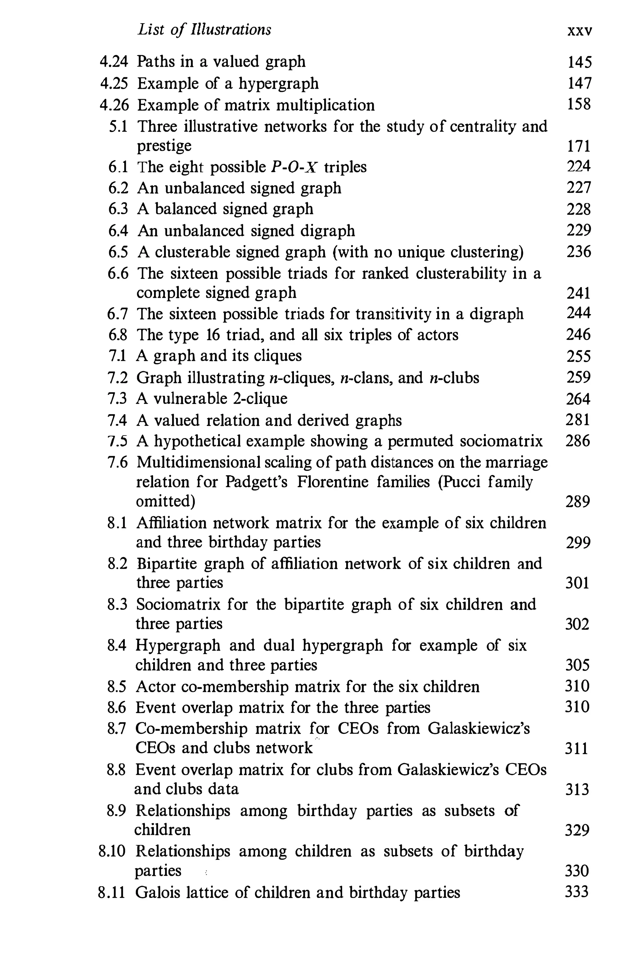 List ofIllustrations xxv
4.24 Paths in a valued graph 145
4.25 Example of a hypergraph 147
4.26 Example of matrix multiplication 158
5.1 Three illustrative networks for the study of centrality and
prestige 171
6.1 The eight possible P-O-X triples 224
6.2 An unbalanced signed graph 227
6.3 A balanced signed graph 228
6.4 An unbalanced signed digraph 229
6.5 A clusterable signed graph (with no unique clustering) 236
6.6 The sixteen possible triads for ranked clusterability in a
complete signed graph 241
6.7 The sixteen possible triads for transitivity in a digraph 244
6.8 The type 16 triad, and all six triples of actors 246
7.1 A graph and its cliques 255
7.2 Graph illustrating n-cliques, n-clans, and n-clubs 259
7.3 A vulnerable 2-clique 264
7.4 A valued relation and derived graphs 281
7.5 A hypothetical example showing a permuted sociomatrix 286
7.6 Multidimensional scaling ofpath distances on the marriage
relation for Padgett's Florentine families (Pucci family
omitted) 289
8.1 Affiliation network matrix for the example of six children
and three birthday parties 299
8.2 Bipartite graph of affiliation network of six children and
three parties 301
8.3 Sociomatrix for the bipartite graph of six children and
three parties 302
8.4 Hypergraph and dual hypergraph for example of six
children and three parties 305
8.5 Actor co-membership matrix for the six children 310
8.6 Event overlap matrix for the three parties 310
8.7 Co-membership matrix for CEOs from Galaskiewicz's
CEOs and clubs network 311
8.8 Event overlap matrix for clubs from Galaskiewicz's CEOs
and clubs data 313
8.9 Relationships among birthday parties as subsets of
children 329
8.10 Relationships among children as subsets of birthday
parties 330
8.11 Galois lattice of children and birthday parties 333
 