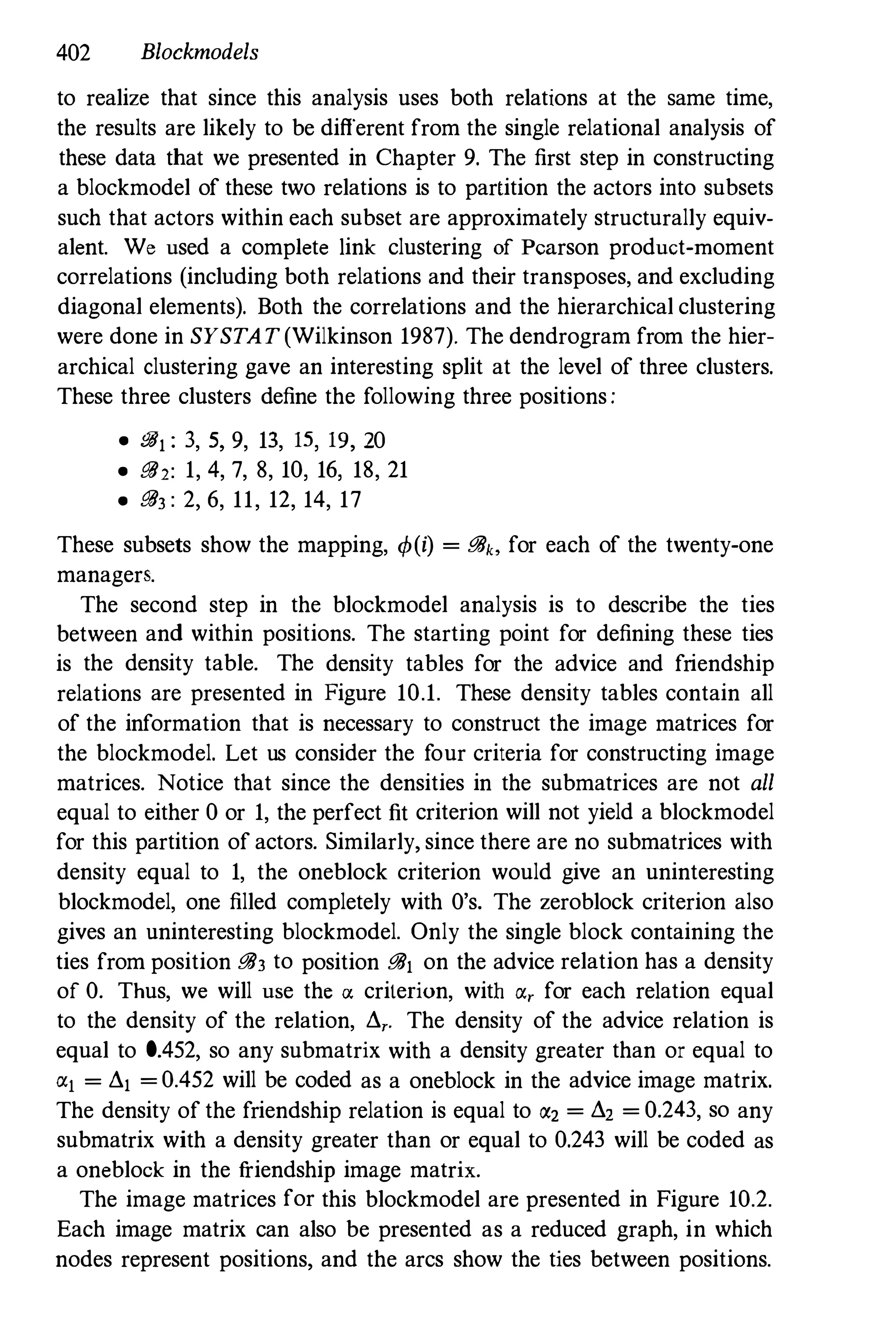 402 Blockmodels
to realize that since this analysis uses both relations at the same time,
the results are likely to be different from the single relational analysis of
these data that we presented in Chapter 9. The first step in constructing
a blockmodel of these two relations is to partition the actors into subsets
such that actors within each subset are approximately structurally equiv­
alent. We used a complete link clustering of Pearson product-moment
correlations (including both relations and their transposes, and excluding
diagonal elements). Both the correlations and the hierarchical clustering
were done in SYSTAT(Wilkinson 1987). The dendrogram from the hier­
archical clustering gave an interesting split at the level of three clusters.
These three clusters define the following three positions:
• &61 : 3, 5, 9, 13, 15, 19, 20
• &62: 1, 4, 7, 8, 10, 16, 18, 21
• &63 : 2, 6, 11, 12, 14, 17
These subsets show the mapping, q,(i) = i!iJ" for each of the twenty-one
managers.
The second step in the blockmodel analysis is to describe the ties
between and within positions. The starting point for defining these ties
is the density table. The density tables for the advice and friendship
relations are presented in Figure 10.1. These density tables contain all
of the information that is necessary to construct the image matrices for
the blockmodel. Let us consider the four criteria for constructing image
matrices. Notice that since the densities in the submatrices are not all
equal to either 0 or 1, the perfect fit criterion will not yield a blockmodel
for this partition of actors. Similarly, since there are no submatrices with
density equal to 1, the oneblock criterion would give an uninteresting
blockmodel, one filled completely with O's. The zeroblock criterion also
gives an uninteresting blockmodel. Only the single block containing the
ties from position i!iJ3 to position i!iJ1 on the advice relation has a density
of O. Thus, we will use the a criterion, with ctr for each relation equal
to the density of the relation, d,. The density of the advice relation is
equal to 0.452, so any submatrix with a density greater than or equal to
"I = d1 = 0.452 will be coded as a oneblock in the advice image matrix.
The density of the friendship relation is equal to "2 = d2 = 0.243, so any
submatrix with a density greater than or equal to 0.243 will be coded as
a oneblock in the friendship image matrix.
The image matrices for this blockmodel are presented in Figure 10.2.
Each image matrix can also be presented as a reduced graph, in which
nodes represent positions, and the arcs show the ties between positions.
 