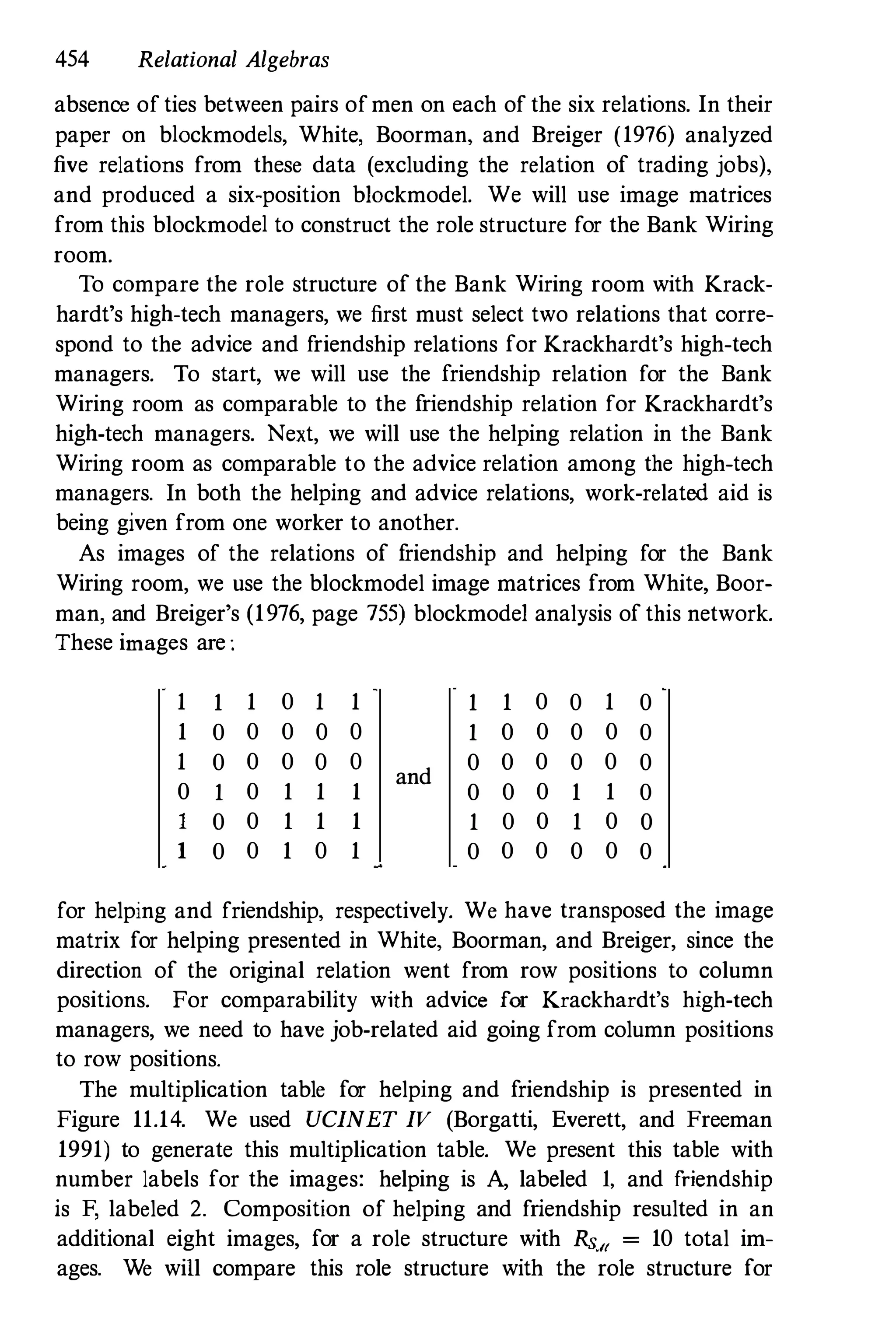 454 Relational Algebras
absence ofties between pairs ofmen on each of the six relations. In their
paper on b10ckmode1s, White, Boorman, and Breiger (1976) analyzed
five relations from these data (excluding the relation of trading jobs),
and produced a six-position b10ckmodel. We will use image matrices
from this blockmode1 to construct the role structure for the Bank Wiring
room.
To compare the role structure of the Bank Wiring room with Krack­
hardt's high-tech managers, we first must select two relations that corre­
spond to the advice and friendship relations for Krackhardt's high-tech
managers. To start, we will use the friendship relation for the Bank
Wiring room as comparable to the friendship relation for Krackhardt's
high-tech managers. Next, we will use the helping relation in the Bank
Wiring room as comparable to the advice relation among the high-tech
managers. In both the helping and advice relations, work-related aid is
being given from one worker to another.
As images of the relations of friendship and helping for the Bank
Wiring room, we use the blockmodel image matrices from White, Boor­
man, and Breiger's (1976, page 755) blockmode1 analysis of this network.
These images are :
1 1 1 0 1 1 1 1 0 0 1 0
1 0 0 0 0 0 1 0 0 0 0 0
1 0 0 0 0 0
and
0 0 0 0 0 0
0 1 0 1 1 1 0 0 0 1 1 0
1 0 0 1 1 1 1 0 0 1 0 0
1 0 0 1 0 1 0 0 0 0 0 0
for helping and friendship, respectively. We have transposed the image
matrix for helping presented in White, Boorman, and Breiger, since the
direction of the original relation went from row positions to column
positions. For comparability with advice for Krackhardt's high-tech
managers, we need to have job-related aid going from column positions
to row positions.
The multiplication table for helping and friendship is presented in
Figure 11.14. We used UCINET IV (Borgatti, Everett, and Freeman
1991) to generate this multiplication table. We present this table with
number labels for the images: helping is A, labeled 1, and friendship
is F, labeled 2. Composition of helping and friendship resulted in an
additional eight images, for a role structure with Rs", = 10 total im­
ages. We will compare this role structure with the role structure for
 