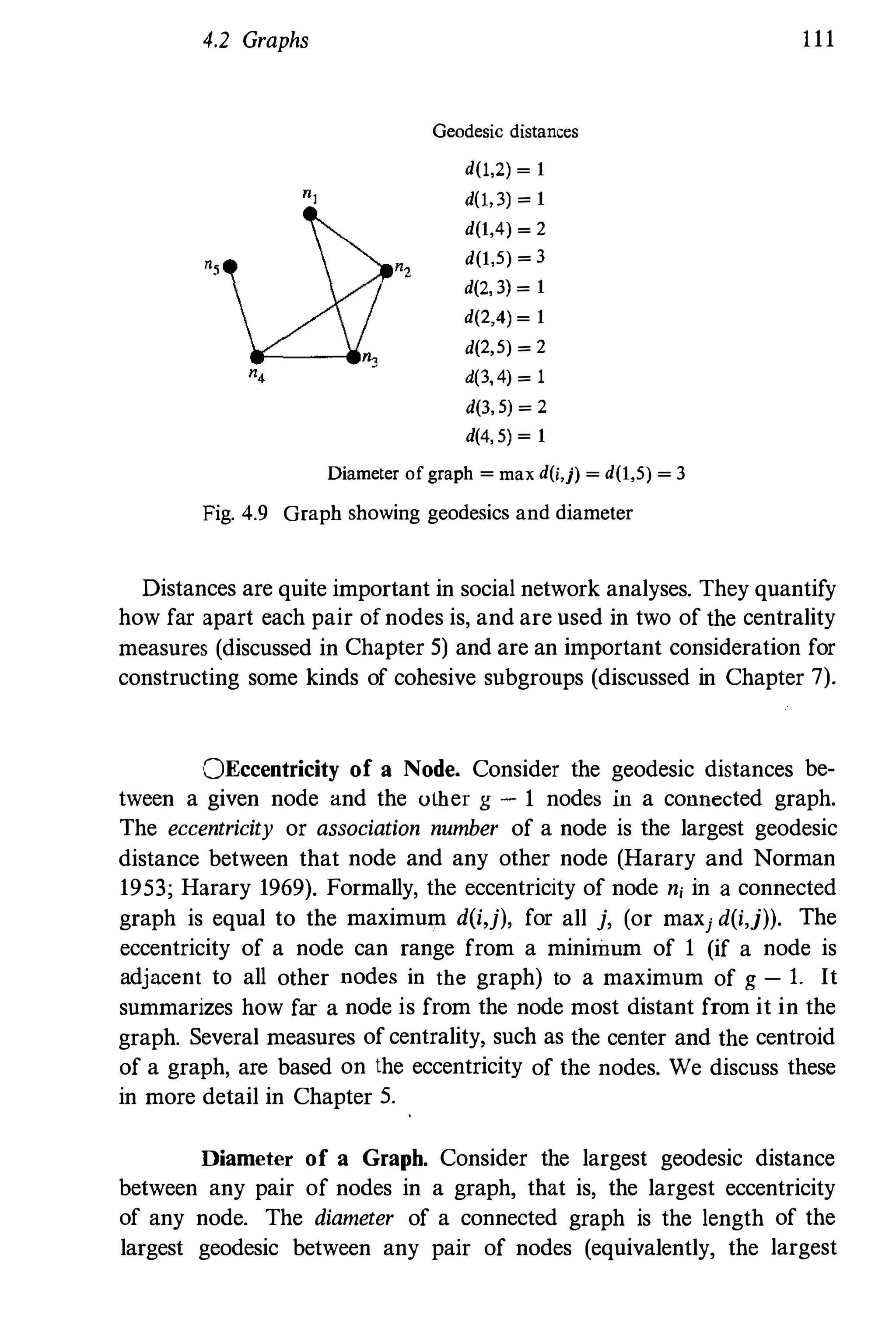 4.2 Graphs
n,
Geodesic distances
d(1,2) � 1
d(1, 3) �
1
d(1,4) � 2
d(1,5) � 3
d(2, 3) � 1
d(2,4) � 1
d(2,5) � 2
d(3, 4) � 1
d(3, 5) �
2
d(4, 5) �
1
Diameter ofgraph = max d(i,j) = d(1,5) = 3
Fig. 4.9 Graph showing geodesics and diameter
111
Distances are quite important in social network analyses, They quantify
how far apart each pair of nodes is, and are used in two of the centrality
measures (discussed in Chapter 5) and are an important consideration for
constructing some kinds of cohesive subgroups (discussed in Chapter 7).
()Eccentricity of a Node, Consider the geodesic distances be­
tween a given node and the olher g - 1 nodes in a connected graph.
The eccentricity or association number of a node is the largest geodesic
distance between that node and any other node (Harary and Norman
1953; Harary 1969). Formally, the eccentricity of node ni in a connected
graph is equal to the maximum d(i,j), for all j, (or maxj d(i,j)). The
eccentricity of a node can range from a minirimm of 1 (if a node is
adjacent to all other nodes in the graph) to a maximum of g - 1. It
summarizes how far a node is from the node most distant from it in the
graph. Several measures of centrality, such as the center and the centroid
of a graph, are based on the eccentricity of the nodes. We discuss these
in more detail in Chapter 5.
Diameter of a Graph. Consider the largest geodesic distance
between any pair of nodes in a graph, that is, the largest eccentricity
of any node. The diameter of a connected graph is the length of the
largest geodesic between any pair of nodes (equivalently, the largest
 