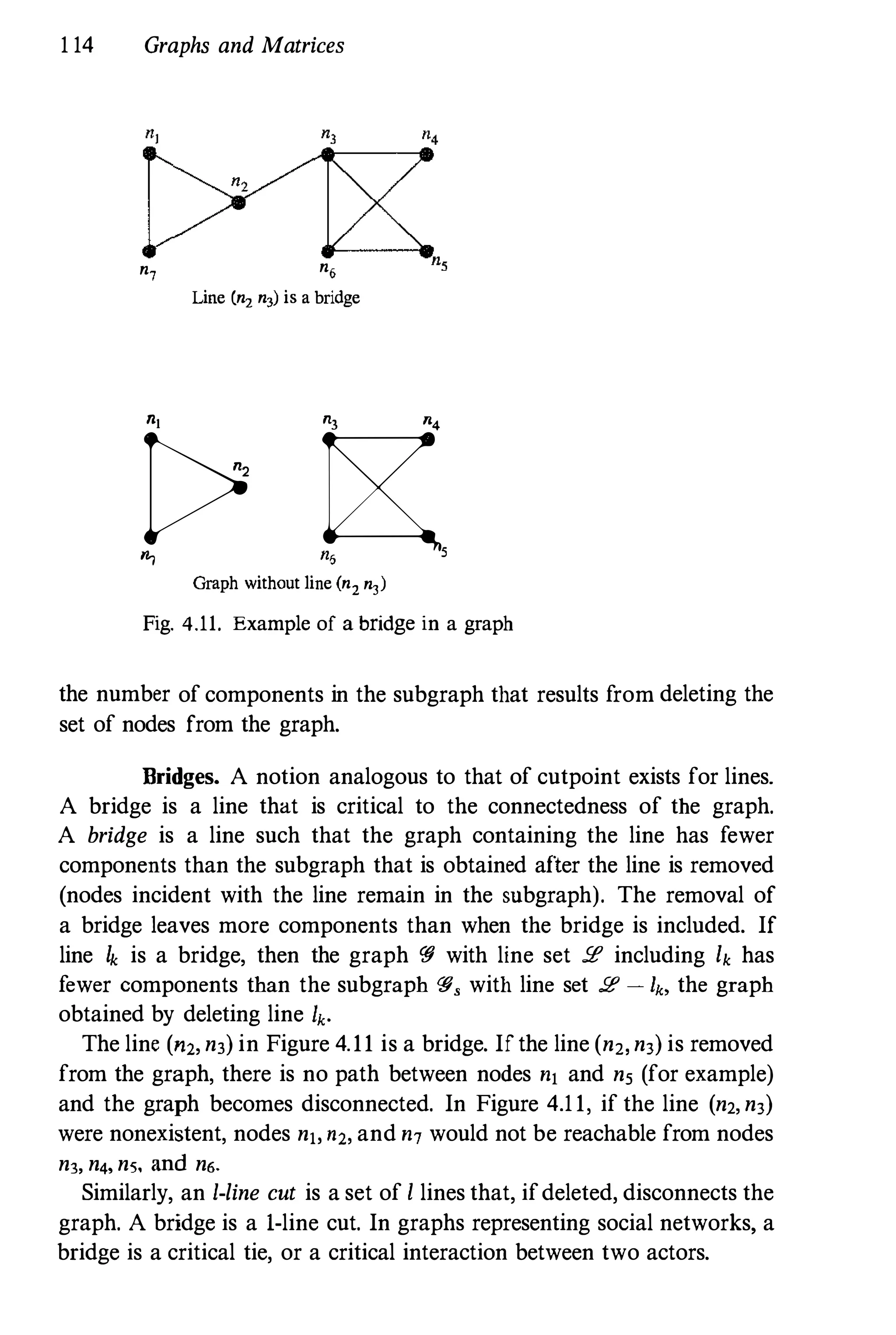 1 14 Graphs and Matrices
t>1><
n7 n6 ns
Line (n2 n3) is a bridge
t> �
� n5 5
Graph without line (n2 n3)
Fig. 4.11. Example of a bridge in a graph
the number of components in the subgraph that results from deleting the
set of nodes from the graph.
Bridges. A notion analogous to that of cutpoint exists for lines.
A bridge is a line that is critical to the connectedness of the graph.
A bridge is a line such that the graph containing the line has fewer
components than the subgraph that is obtained after the line is removed
(nodes incident with the line remain in the snbgraph). The removal of
a bridge leaves more components than when the bridge is included. If
line Ik is a bridge, then the graph <!J with line set !l? including Ik has
fewer components than the subgraph <!J, with line set !l? � I., the graph
obtained by deleting line h.
The line (02, n3) in Figure 4.11 is a bridge. If the line (n2'n3) is removed
from the graph, there is no path between nodes n) and ns (for example)
and the graph becomes disconnected. In Figure 4.11, if the line (n2, n3)
were nonexistent, nodes n), n2, and n7 would not be reachable from nodes
n3, n4, n5. and n6·
Similarly, an I-line cut is a set of I lines that, ifdeleted, disconnects the
graph. A bridge is a i-line cut. In graphs representing social networks, a
bridge is a critical tie, or a critical interaction between two actors.
 