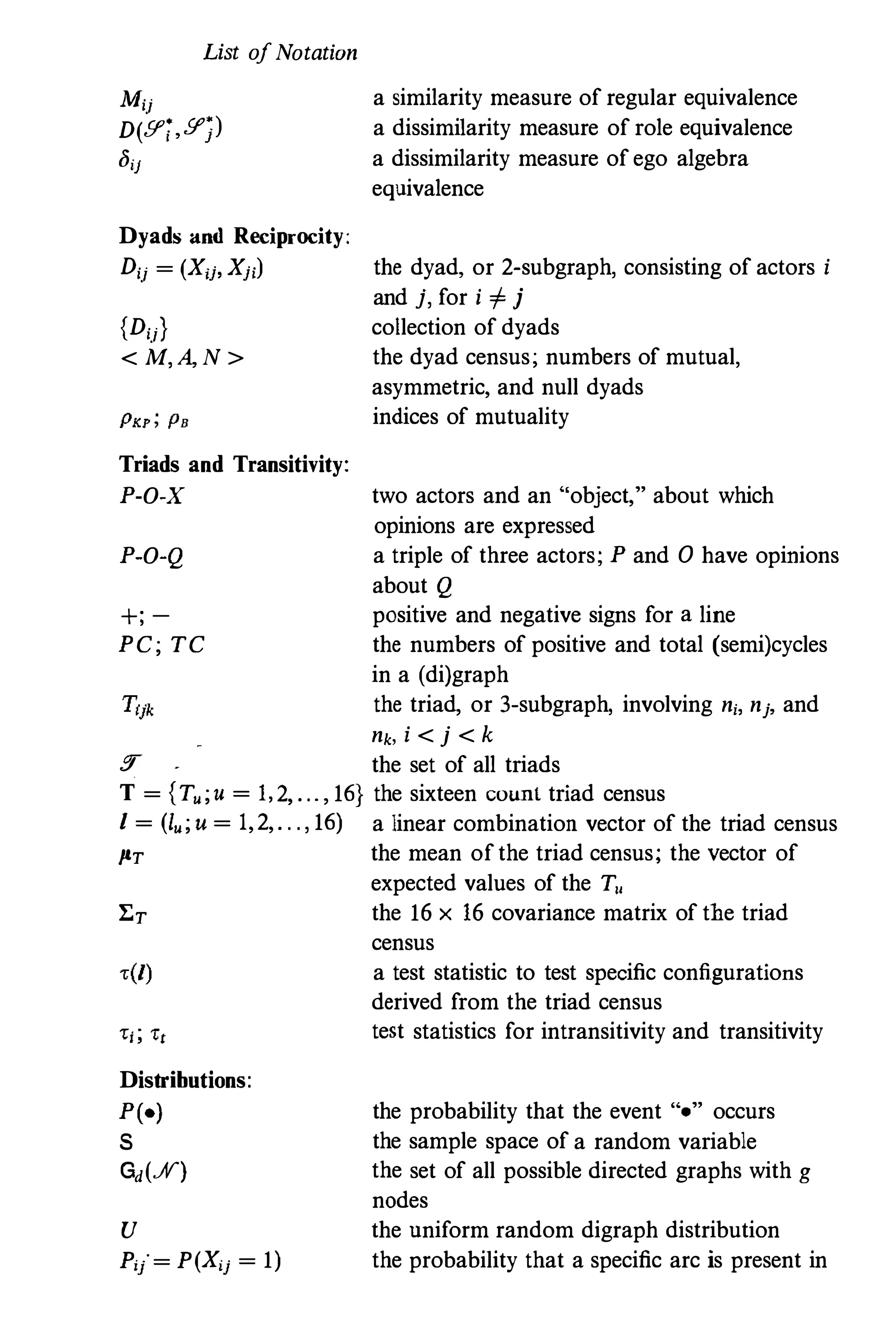 List ofNotation
Mij
D(.9'-;,.'J'j)
oi}
Dyads and Reciprocity:
Dij = (Xij, Xj,)
{Dij}
< M,A,N >
Triads and Transitivity:
P-O-X
P-O-Q
+;­
PC;TC
a similarity measure of regular equivalence
a dissimilarity measure of role equivalence
a dissimilarity measure of ego algebra
equivalence
the dyad, or 2-subgraph, consisting of actors i
and j,for i i= j
collection of dyads
the dyad census; numbers of mutual,
asymmetric,and null dyads
indices of mutuality
two actors and an "object," about which
opinions are expressed
a triple of three actors; P and 0 have opinions
about Q
positive and negative signs for a line
the numbers of positive and total (semi)cycles
in a (di)graph
the triad, or 3-subgraph, involving ni, nj, and
nk, i < j < k
!T the set of all triads
T = {Tu;u = 1, 2, . .. ,16} the sixteen count triad census
I = (lu;u = 1,2,. . .,16) a linear combination vector of the triad census
PT
�T
Distributions:
P(.)
S
Gd(.;V)
U
Pi/= P(Xij = 1)
the mean of the triad census; the vector of
expected values of the Tu
the 16 x 16 covariance matrix of the triad
census
a test statistic to test specific configurations
derived from the triad census
test statistics for intransitivity and transitivity
the probability that the event "." occurs
the sample space of a random variable
the set of all possible directed graphs with g
nodes
the nniform random digraph distribution
the probability that a specific arc is present in
 