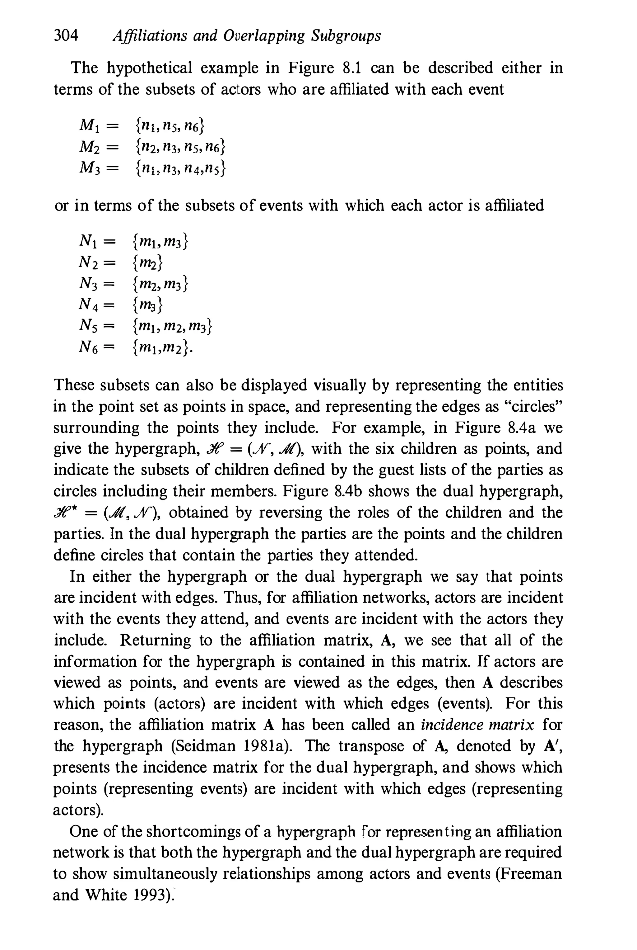 304 Affiliations and Overlapping Subgroups
The hypothetical example in Figure 8.1 can be described either in
terms of the subsets of actors who are affiliated with each event
Ml = {nl, nS, n6}
M2 = {n2, nJ, ns,n6}
M3 = {n" nJ, n4,ns}
or in terms of the subsets of events with which each actor is affiliated
N, = {m" m3}
N2 = {m2}
NJ = {m" m3}
N4 = {m3}
Ns = {m" m2,m3}
N6 = {m"m2}'
These subsets can also be displayed visually by representing the entities
in the point set as points in space, and representing the edges as "circles"
surrounding the points they include. For example, in Figure 8.4a we
give the hypergraph, :Yf = (%, .A), with the six children as points, and
indicate the subsets of children defined by the guest lists of the parties as
circles including their members. Figure 8.4b shows the dual hypergraph,
:Yf* = (.A, %), obtained by reversing the roles of the children and the
parties. In the dual hypergraph the parties are the points and the children
define circles that contain the parties they attended.
In either the hypergraph or the dual hypergraph we say that points
are incident with edges. Thus, for affiliation networks, actors are incident
with the events they attend, and events are incident with the actors they
include. Returning to the affiliation matrix, A, we see that all of the
information for the hypergraph is contained in this matrix. If actors are
viewed as points, and events are viewed as the edges, then A describes
which points (actors) are incident with which edges (events). For this
reason, the affiliation matrix A has been called an incidence matrix for
the hypergraph (Seidman 1981a). The transpose of A, denoted by A',
presents the incidence matrix for the dual hypergraph, and shows which
points (representing events) are incident with which edges (representing
actors).
One ofthe shortcomings of a hypergraph for representing an affiliation
network is that both the hypergraph and the dual hypergraph are required
to show simultaneously relationships among actors and events (Freeman
and White 1993).
 