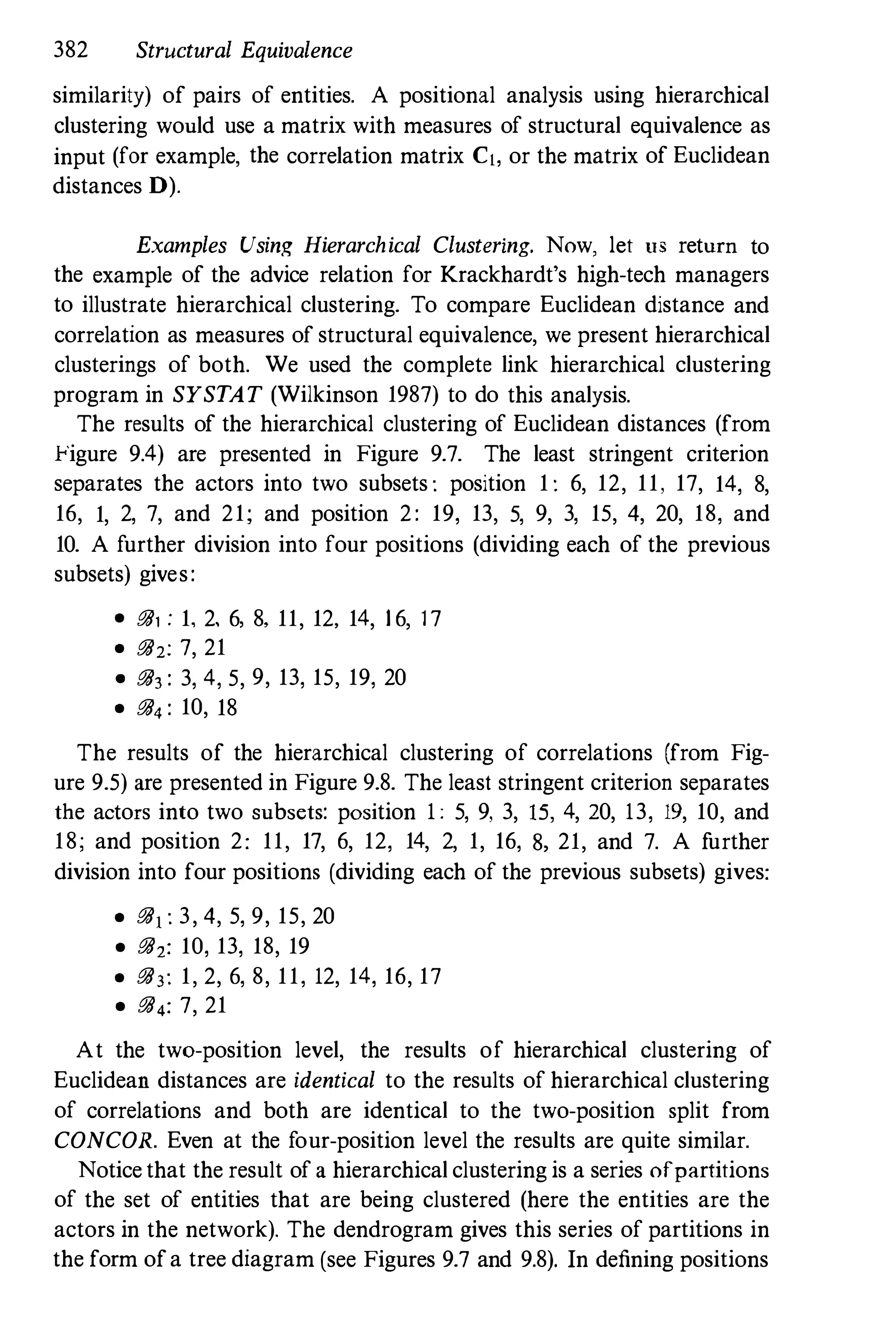 382 Structural Equivalence
similarity) of pairs of entities. A positional analysis using hierarchical
clustering would use a matrix with measures of structural equivalence as
input (for example. the correlation matrix C[, or the matrix of Euclidean
distances D).
Examples Using Hierarchical Clustering. Now, let us return to
the example of the advice relation for Krackhardt's high-tech managers
to illustrate hierarchical clustering. To compare Euclidean distance and
correlation as measures of structural equivalence, we present hierarchical
clusterings of both. We used the complete link hierarchical clustering
program in SYSTAT (Wilkinson 1987) to do this analysis.
The results of the hierarchical clustering of Euclidean distances (from
Figure 9.4) are presented in Figure 9.7. The least stringent criterion
separates the actors into two subsets : position 1 : 6, 12, 11, 17, 14, 8,
16, 1, 2, 7, and 21; and position 2: 19, 13, 5, 9, 3, 15, 4, 20, 18, and
10. A further division into four positions (dividing each of the previous
subsets) gives:
• @, : 1, 2, 6, 8, 11, 12, 14, 1 6, 17
• @2: 7, 21
• @3 : 3, 4, 5, 9, 13, 15, 19, 20
• @4 : 10, 18
The results of the hierarchical clustering of correlations (from Fig­
ure 9.5) are presented in Figure 9.8. The least stringent criterion separates
the actors into two subsets: position 1 : 5, 9, 3, IS, 4, 20, 13, 19, 10, and
18; and position 2: 11, 17, 6, 12, 14, 2, 1, 16, 8, 21, and 7. A further
division into four positions (dividing each of the previous subsets) gives:
• @[ : 3, 4, 5, 9, 15, 20
• @2: 10, 13, 18, 19
• @3: 1, 2, 6, 8, 11, 12, 14, 16, 17
• @4: 7, 21
At the two-position level, the results of hierarchical clustering of
Euclidean distances are identical to the results of hierarchical clustering
of correlations and both are identical to the two-position split from
CONCOR. Even at the four-position level the results are quite similar.
Noticethat the result of a hierarchical clustering is a series ofpartitions
of the set of entities that are being clustered (here the entities are the
actors in the network). The dendrogram gives this series of partitions in
the form ofa tree diagram (see Figures 9.7 and 9.8). In defining positions
 