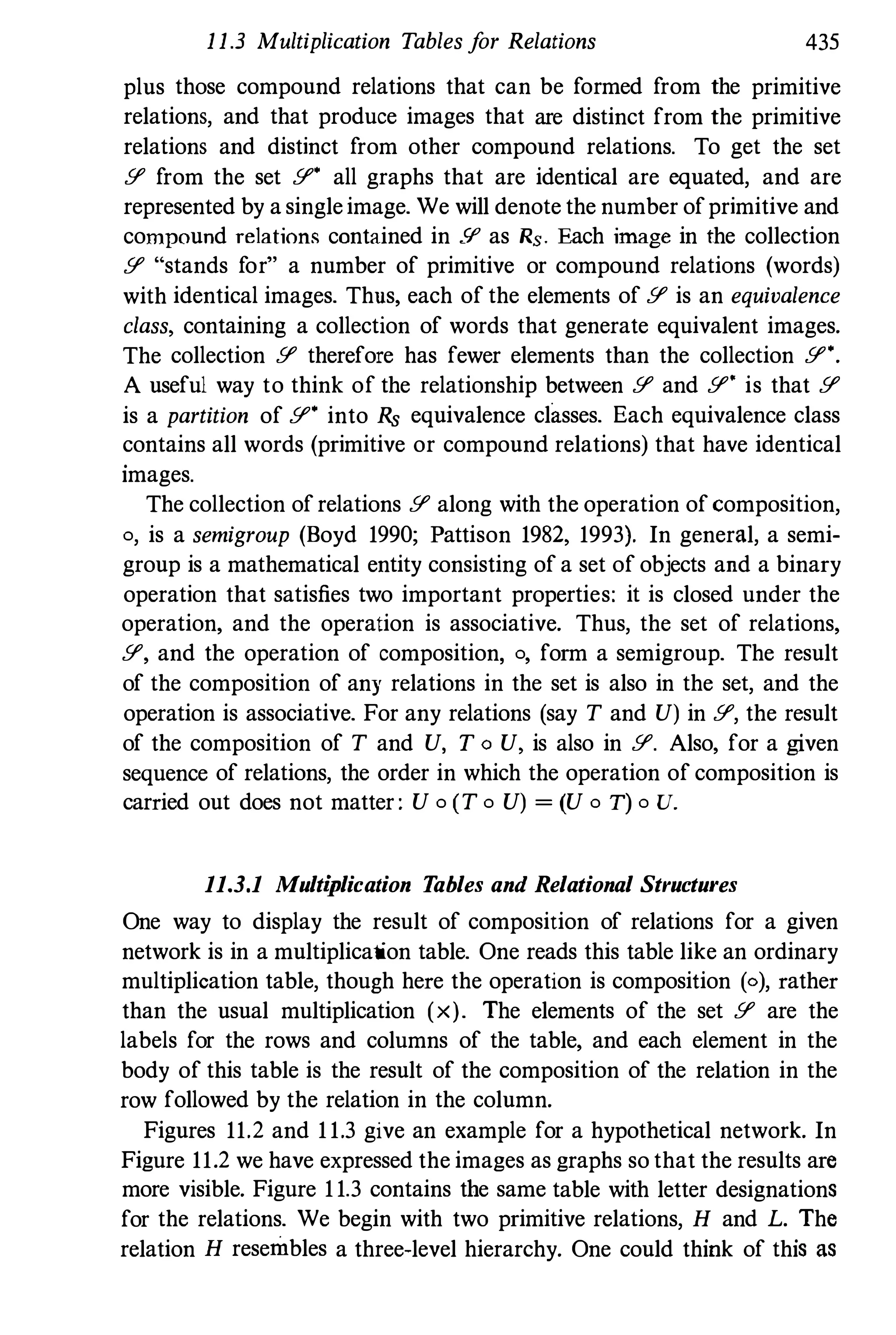 1 1.3 Multiplication Tablesf
or Relations 435
plus those compound relations that can be formed from the primitive
relations, and that produce images that are distinct from the primitive
relations and distinct from other compound relations. To get the set
Y from the set Y' all graphs that are identical are equated, and are
represented by asingleimage. We will denote the number ofprimitive and
compound relations contained in /f as Rs. Each image in the collection
Y "stands for" a number of primitive or compound relations (words)
with identical images. Thus, each of the elements of Y is an equivalence
class, containing a collection of words that generate equivalent images.
The collection Y therefore has fewer elements than the collection Y'.
A useful way to think of the relationship between Y and Y' is that Y
is a partition of Y' into Rs equivalence classes. Each equivalence class
contains all words (primitive or compound relations) that have identical
images.
The collection ofrelations Y along with the operation ofcomposition,
0, is a semigroup (Boyd 1990; Pattison 1982, 1993). In general, a semi­
group is a mathematical entity consisting of a set of objects and a binary
operation that satisfies two important properties: it is closed under the
operation, and the operation is associative. Thus, the set of relations,
Y, and the operation of composition, 0, form a semigroup. The result
of the composition of any relations in the set is also in the set, and the
operation is associative. For any relations (say T and U) in Y, the result
of the composition of T and U, T o U, is also in Y. Also, for a given
sequence of relations, the order in which the operation of composition is
carried out does not matter: U 0 (T 0 U) = (U 0 T) 0 u.
11.3.1 Multiplication T
ables and Relational Structures
One way to display the result of composition of relations for a given
network is in a multiplication table. One reads this table like an ordinary
multiplication table, though here the operation is composition (0), rather
than the usual multiplication (x). The elements of the set Y are the
labels for the rows and columns of the table, and each element in the
body of this table is the result of the composition of the relation in the
row followed by the relation in the column.
Figures 11.2 and 11.3 give an example for a hypothetical network. In
Figure 11.2 we have expressed the images as graphs so that the results are
more visible. Figure 11.3 contains the same table with letter designations
for the relations. We begin with two primitive relations, H and L. The
relation H resembles a three-level hierarchy. One could think of this as
 