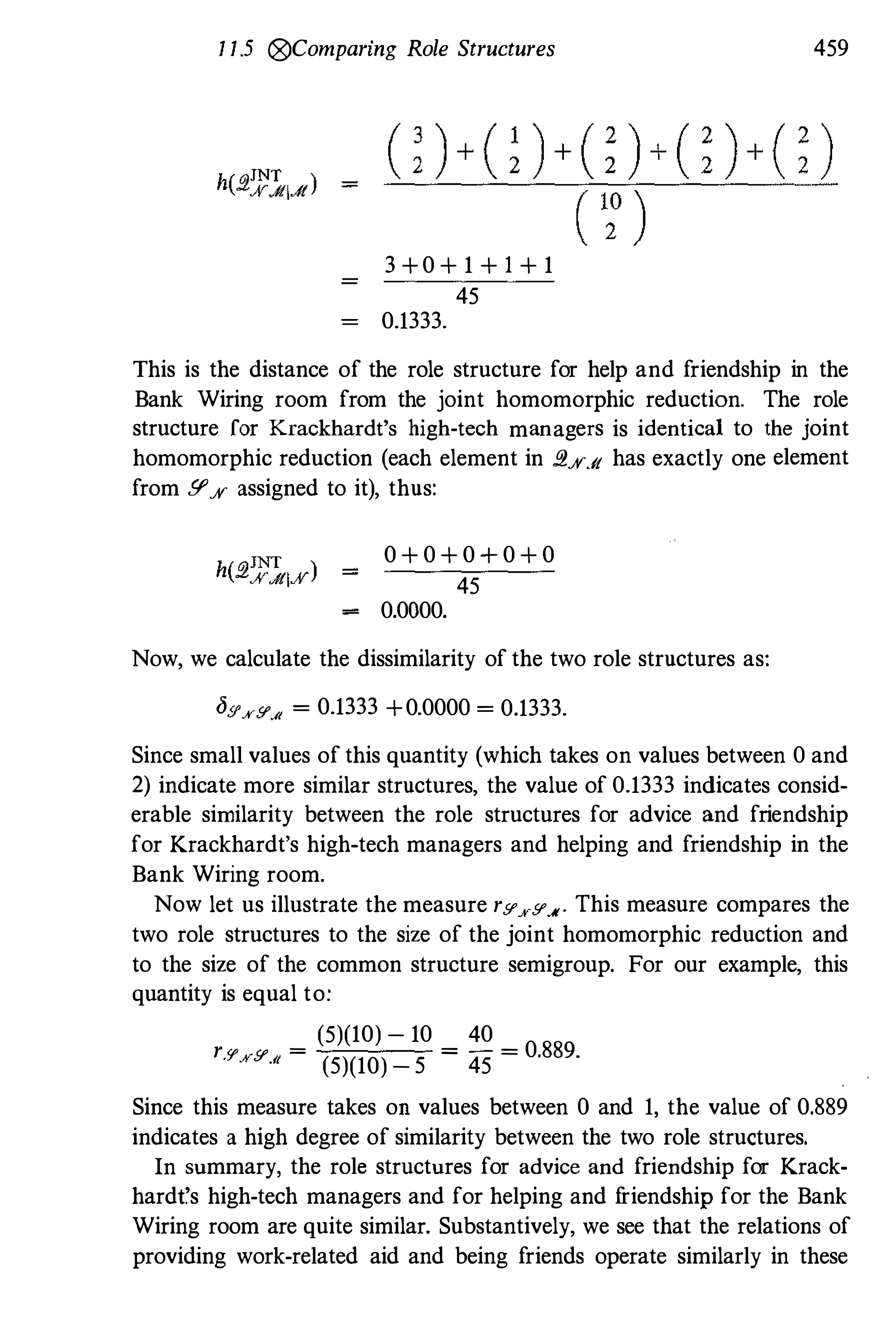 1 1.5 @Comparing Role Structures
3 +0 + 1 + 1 + 1
45
0.1333.
459
This is the distance of the role structure for help and friendship in the
Bank Wiring room from the joint homomorphic reduction. The role
structure for Krackhardt's high-tech managers is identical to the joint
homomorphic reduction (each element in -'2%.Jt has exactly one element
from g% assigned to it), thus:
0 + 0 + 0 + 0 + 0
45
0.0000.
Now, we calculate the dissimilarity of the two role structures as:
O§..v§." = 0.1333 +0.0000 = 0.1333.
Since small values of this quantity (which takes on values between 0 and
2) indicate more similar structures, the value of 0.1333 indicates consid­
erable similarity between the role structures for advice and friendship
for Krackhardt's high-tech managers and helping and friendship in the
Bank Wiring room.
Now let us illustrate the measure r§..v§./I' This measure compares the
two role structures to the size of the joint homomorphic reduction and
to the size of the common structure semigroup. For our example, this
quantity is equal to:
(5)(10) - 10 40
r.'I'..v§." =
(5)(10) _
5
=
45
= 0.889.
Since this measure takes on values between 0 and 1, the value of 0.889
indicates a high degree of similarity between the two role structures.
In summary, the role structures for advice and friendship for Krack­
hardfs high-tech managers and for helping and friendship for the Bank
Wiring room are quite similar. Substantively, we see that the relations of
providing work-related aid and being friends operate similarly in these
 