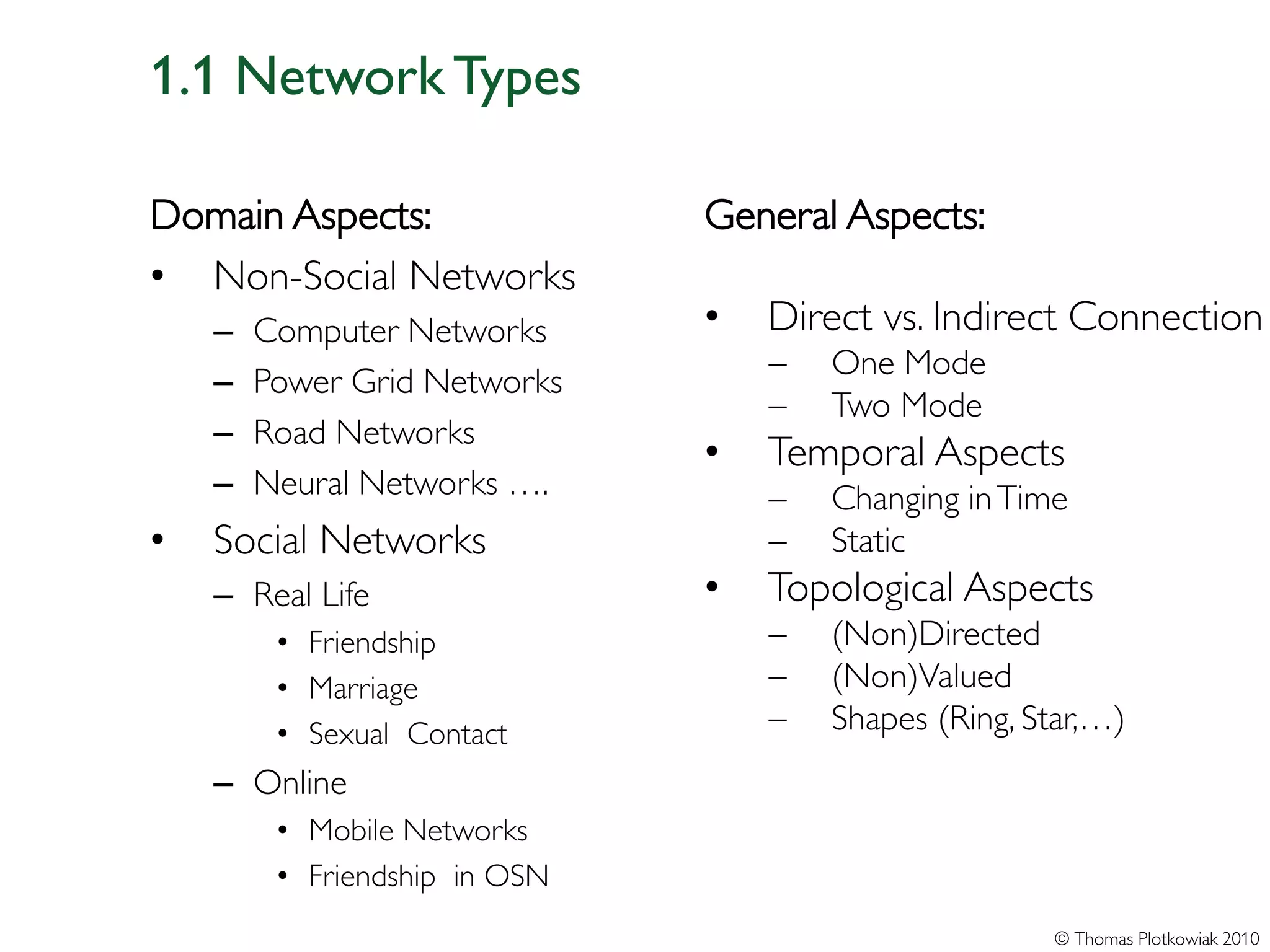 1.1 Network Types

Domain Aspects:                General Aspects:
• Non-Social Networks
    –   Computer Networks      •   Direct vs. Indirect Connection
                                   −   One Mode
    –   Power Grid Networks
                                   −   Two Mode
    –   Road Networks
                               •   Temporal Aspects
    –   Neural Networks ….         −   Changing in Time
•   Social Networks                −   Static
    – Real Life                •   Topological Aspects
         • Friendship              −   (Non)Directed
         • Marriage                −   (Non)Valued
         • Sexual Contact          −   Shapes (Ring, Star,…)
    – Online
         • Mobile Networks
         • Friendship in OSN
                                                      © Thomas Plotkowiak 2010
 