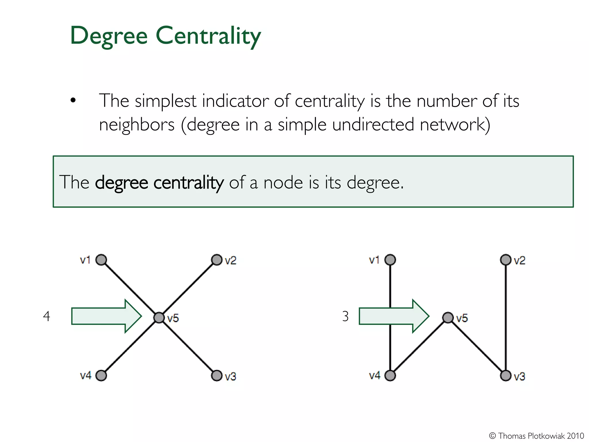 Degree Centrality

     •   The simplest indicator of centrality is the number of its
         neighbors (degree in a simple undirected network)

    The degree centrality of a node is its degree.




4                                        3




                                                             © Thomas Plotkowiak 2010
 