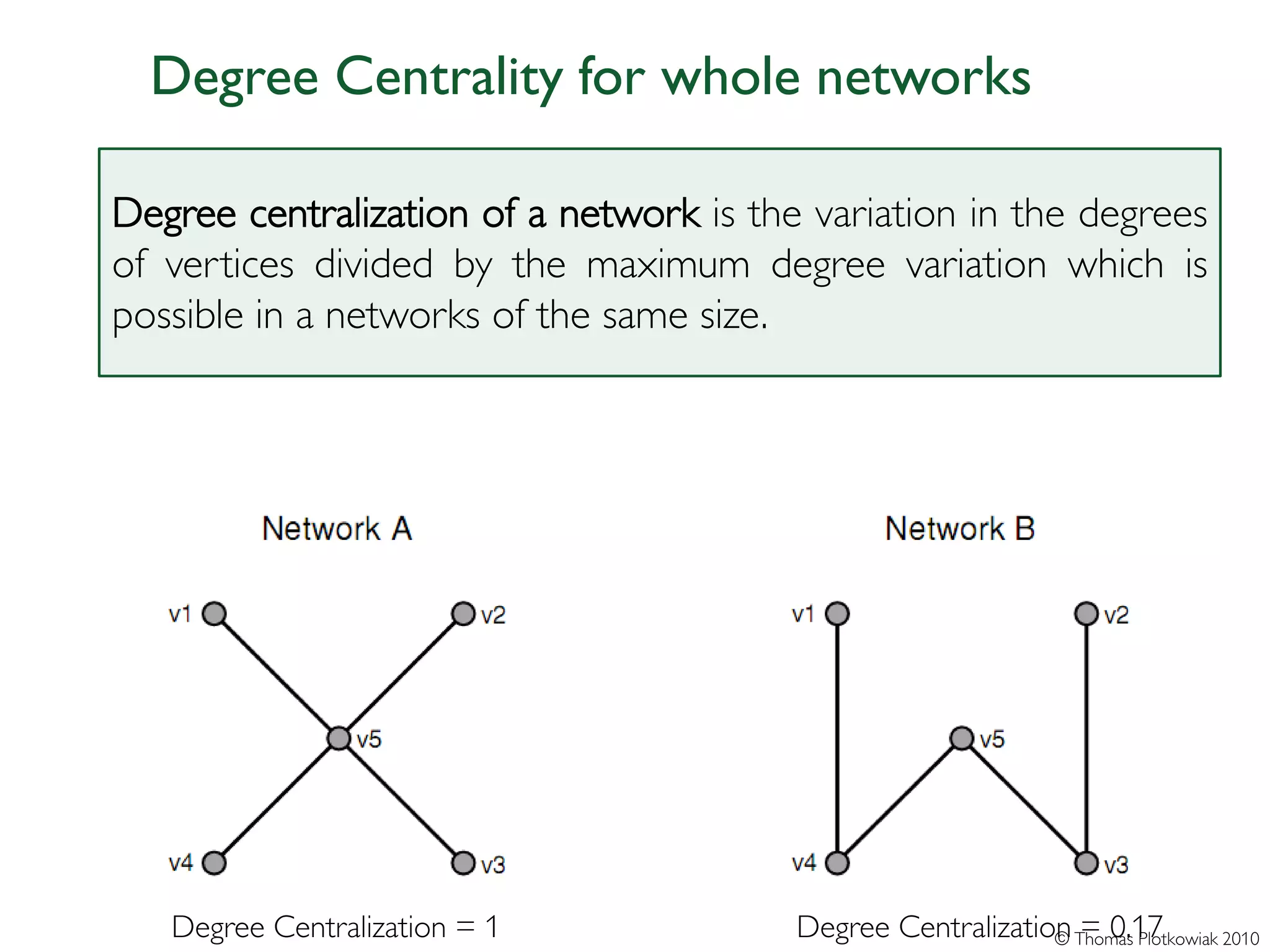 Degree Centrality for whole networks

Degree centralization of a network is the variation in the degrees
of vertices divided by the maximum degree variation which is
possible in a networks of the same size.




   Degree Centralization = 1             Degree Centralization Thomas Plotkowiak 2010
                                                             © = 0.17
 