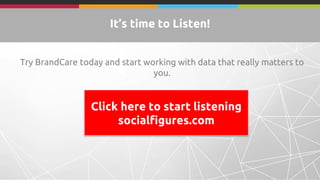It’s time to Listen!
Try BrandCare today and start working with data that really matters to
you.
Click here to start listening
socialfigures.com
 