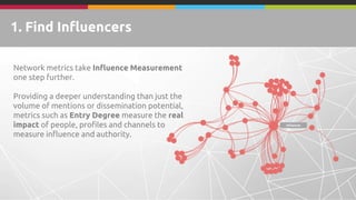 1. Find Influencers
Network metrics take Influence Measurement
one step further.
Providing a deeper understanding than just the
volume of mentions or dissemination potential,
metrics such as In Degree measure the real
impact of people, profiles and channels to
measure influence and authority.
Influencer
 