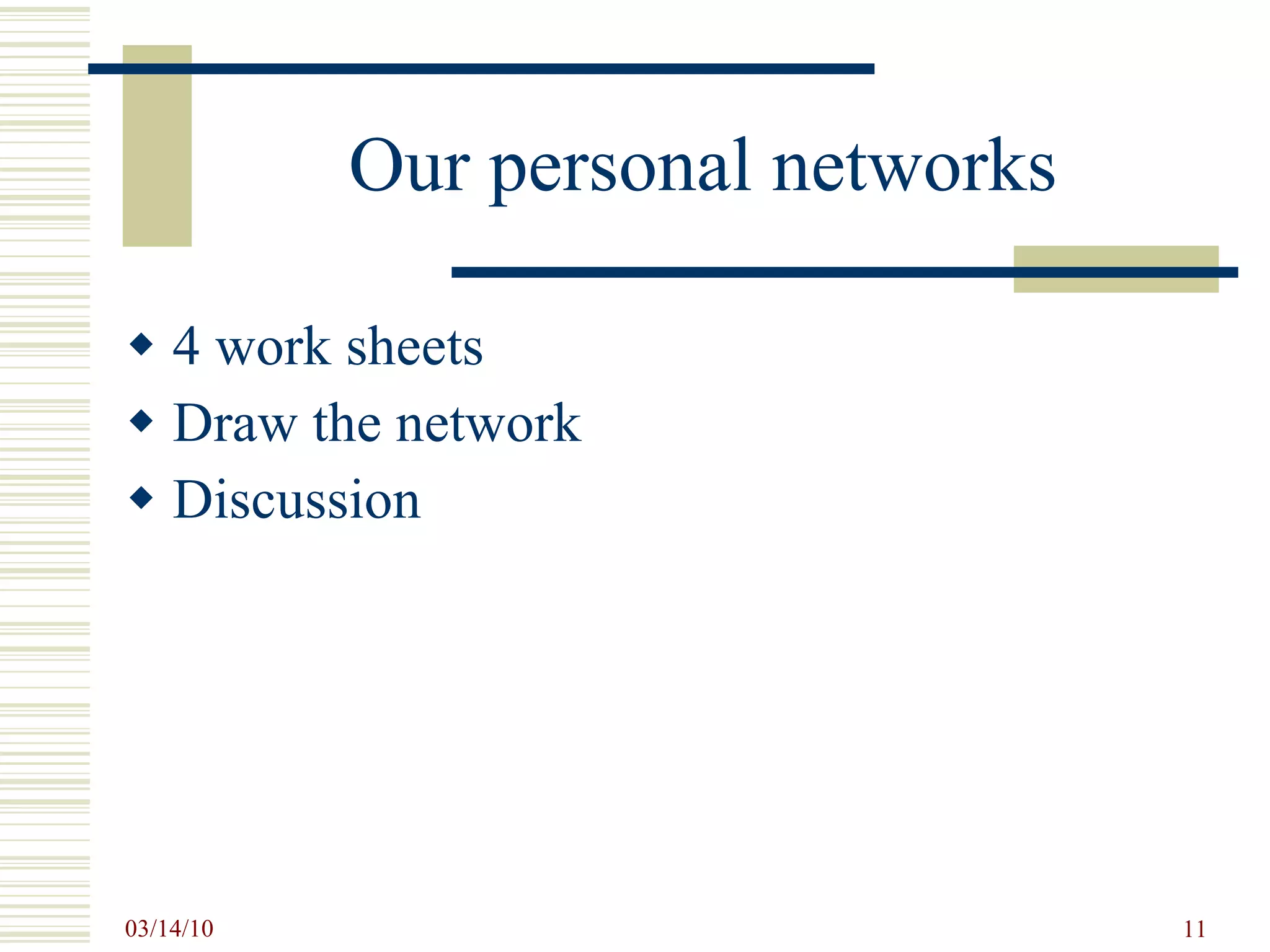 Our personal networks 4 work sheets Draw the network Discussion 