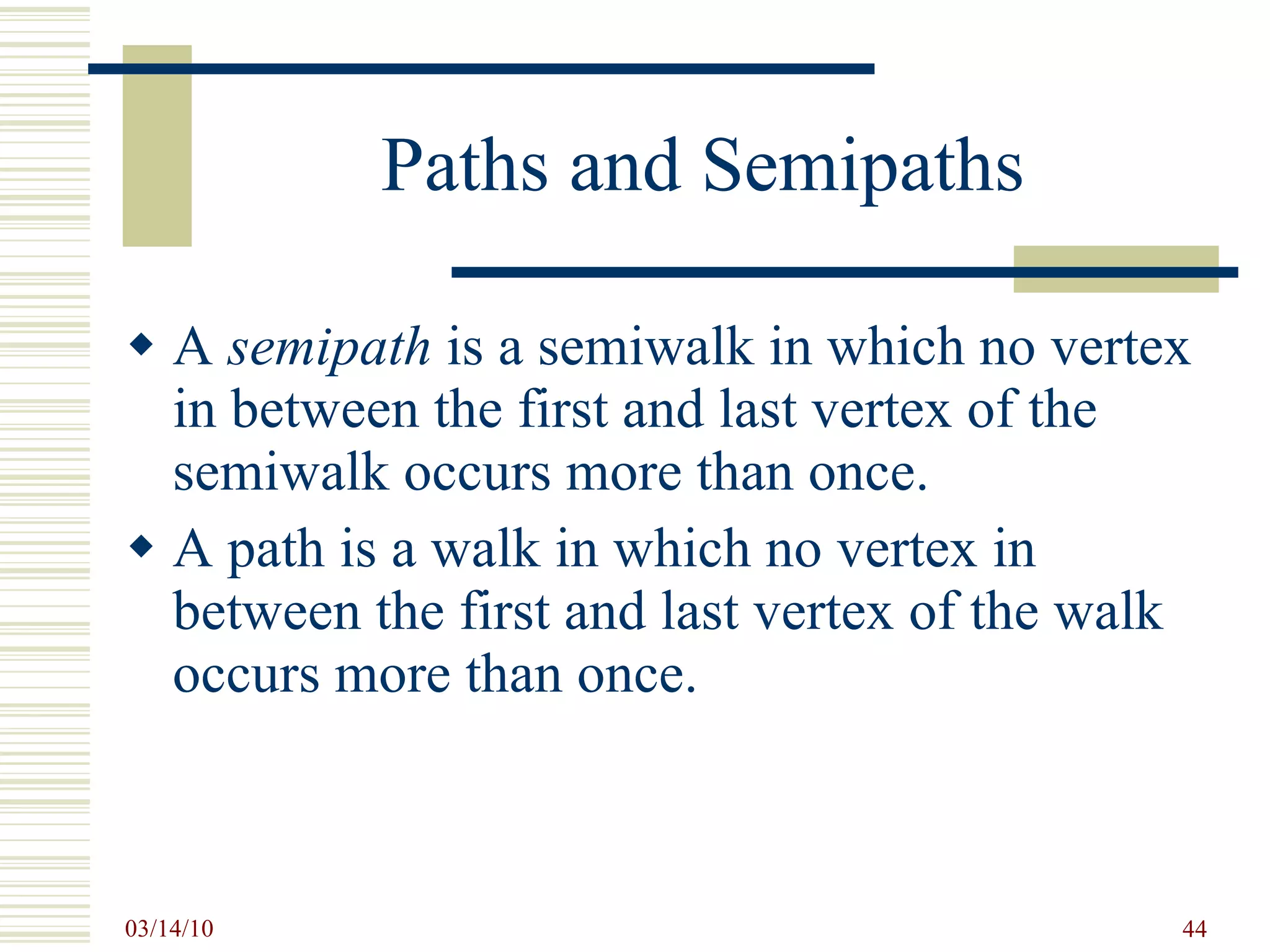 Paths and Semipaths A  semipath  is a semiwalk in which no vertex in between the first and last vertex of the semiwalk occurs more than once. A path is a walk in which no vertex in between the first and last vertex of the walk occurs more than once. 
