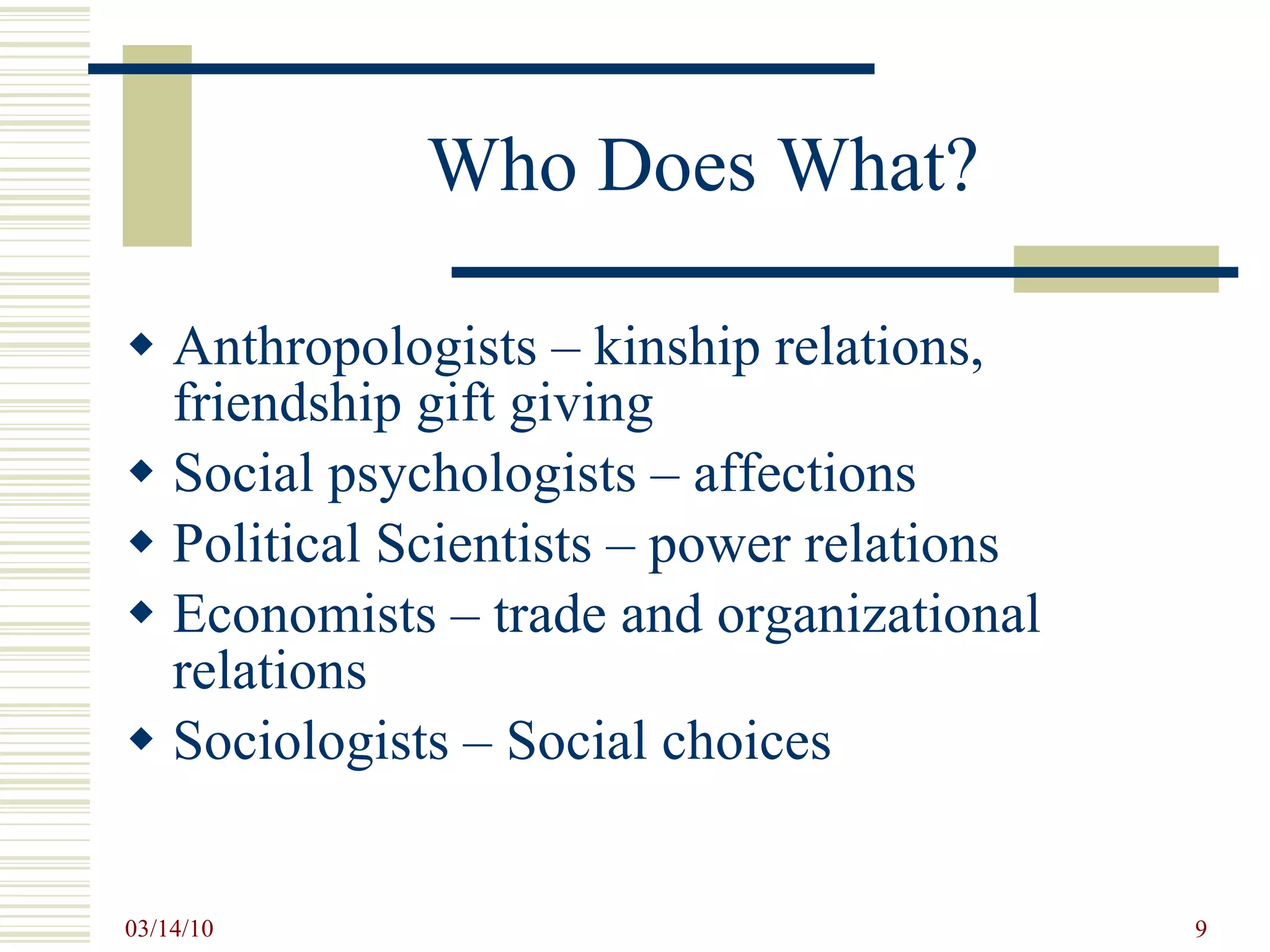 Who Does What? Anthropologists – kinship relations, friendship gift giving Social psychologists – affections Political Scientists – power relations Economists – trade and organizational relations Sociologists – Social choices 