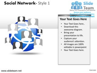 Social Network- Style 1


                            Your Text Goes Here
                            • Your Text Goes here..
                            • Download this
                              awesome diagram.
                            • Bring your
                              presentation to life.
                            • Capture your
                              audience’s attention.
                            • All images are 100%
                              editable in powerpoint
                            • Your Text Goes here.




www.slideteam.net                                      YOUR LOGO
 