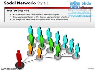 Social Network- Style 1
    Your Text Goes Here
       •   Your Text Goes here. Download this awesome diagram.
       •   Bring your presentation to life. Capture your audience’s attention.
       •   All images are 100% editable in powerpoint. Your Text Goes here.




www.slideteam.net                                                                YOUR LOGO
 