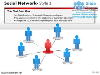 Social Network- Style 1
    Your Text Goes Here
       •   Your Text Goes here. Download this awesome diagram.
       •   Bring your presentation to life. Capture your audience’s attention.
       •   All images are 100% editable in powerpoint. Your Text Goes here.




www.slideteam.net                                                                YOUR LOGO
 