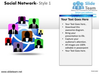 Social Network- Style 1


                            Your Text Goes Here
                            • Your Text Goes here..
                            • Download this
                              awesome diagram.
                            • Bring your
                              presentation to life.
                            • Capture your
                              audience’s attention.
                            • All images are 100%
                              editable in powerpoint
                            • Your Text Goes here.




www.slideteam.net                                      YOUR LOGO
 