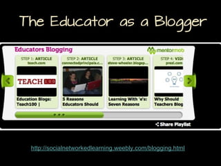 The Educator as a Blogger

http://socialnetworkedlearning.weebly.com/blogging.html n

 