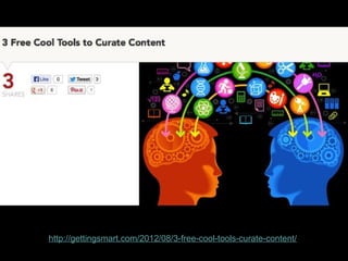 Curating is hard work. To come up with a list of
acceptable resources involved a lot of filtering, sifting,
and otherwise weeding out. It’s a tough job, but
somebody’s got to do it. That somebody is me – and
lots of educational technology professionals like me who
take pride in their work. We do the hard stuff so you
don’t have to. The end result is a resource I feel is
substantial, helpful, and contributes to the greater good
of knowledge.
http://gretelpatch.wordpress.com/2012/10/14/behind-the-scenes-of-nets%E2%80%A2s-k-5-curriculum-integrationcuration-a-reflection/

 