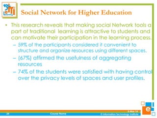 Social Network for Higher Education
• This research reveals that making social Network tools a
part of traditional learning is attractive to students and
can motivate their participation in the learning process.
– 59% of the participants considered it convenient to
structure and organize resources using different spaces.

– (67%) affirmed the usefulness of aggregating
resources
– 74% of the students were satisfied with having control
over the privacy levels of spaces and user profiles.

24

Course Name

5-Mar-14

 