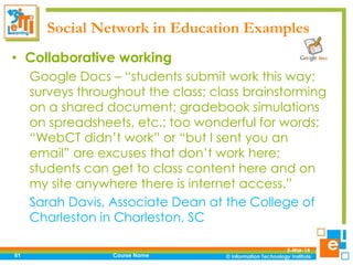 Social Network in Education Examples
• Collaborative working
Google Docs – “students submit work this way;
surveys throughout the class; class brainstorming
on a shared document; gradebook simulations
on spreadsheets, etc.; too wonderful for words;
“WebCT didn’t work” or “but I sent you an
email” are excuses that don’t work here;
students can get to class content here and on
my site anywhere there is internet access.”
Sarah Davis, Associate Dean at the College of
Charleston in Charleston, SC
61

Course Name

5-Mar-14

 