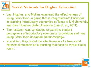 Social Network for Higher Education
• Lau, Higgins, and Mullins examined the effectiveness of
using Farm Town, a game that is integrated into Facebook,
in teaching introductory economics at Texas A & M University
and Sam Houston State University (Lau et. al., 2011).
• The research was conducted to examine student
perceptions of introductory economics knowledge and how
using Farm Town impacted that knowledge.
• In addition, they tested the effectiveness of a free social
Network simulation as a teaching tool such as Virtual Class
room .
12-Mar-18
Course Name24
 