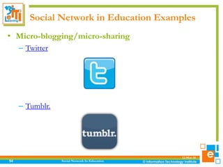 Social Network in Education Examples
12-Mar-18
Social Network In Education54
• Micro-blogging/micro-sharing
– Twitter
– Tumblr.
 