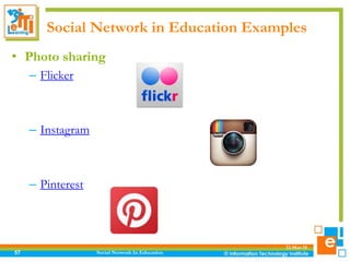 Social Network in Education Examples
12-Mar-18
Social Network In Education57
• Photo sharing
– Flicker
– Instagram
– Pinterest
 