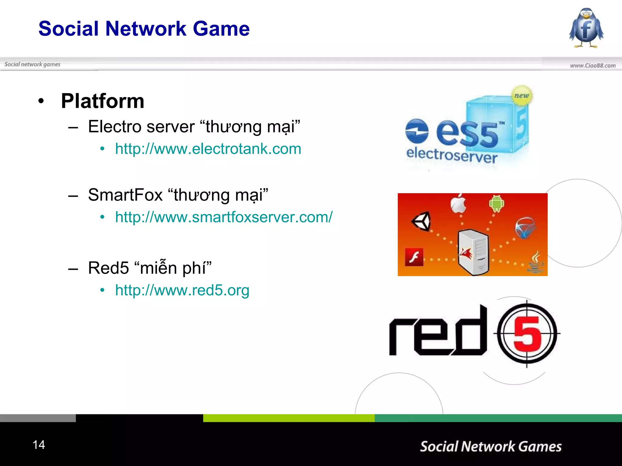 Social Network Game Platform Electro server “thương mại” http://www.electrotank.com SmartFox “thương mại” http://www.smartfoxserver.com/ Red5 “miễn phí” http://www.red5.org 