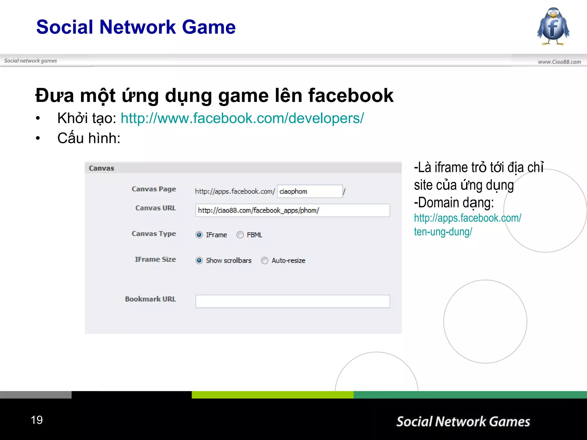 Social Network Game Đưa một ứng dụng game lên facebook Khởi tạo:  http://www.facebook.com/developers/ Cấu hình: Là iframe trỏ tới địa chỉ site của ứng dụng Domain dạng:  http://apps.facebook.com/ ten-ung-dung/ 
