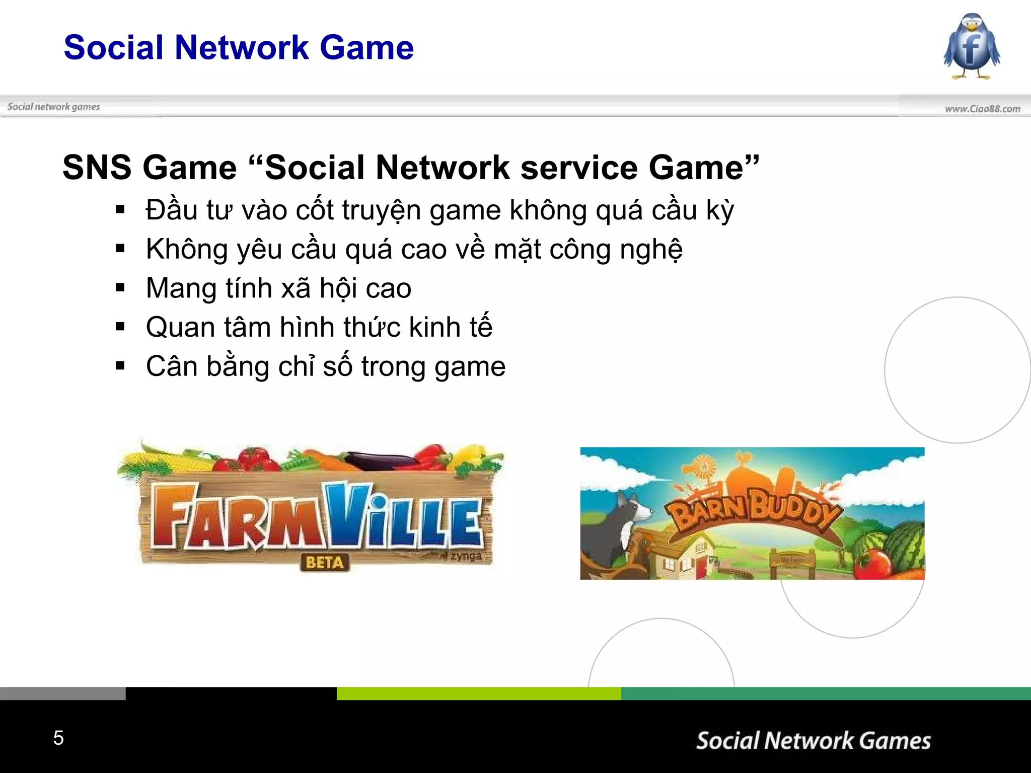 Social Network Game SNS Game “Social Network service Game” Đầu tư vào cốt truyện game không quá cầu kỳ Không yêu cầu quá cao về mặt công nghệ Mang tính xã hội cao Quan tâm hình thức kinh tế Cân bằng chỉ số trong game 