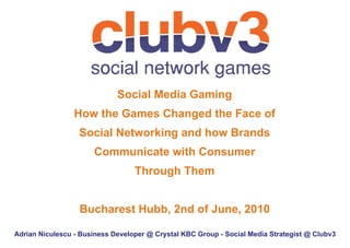 Social Media Gaming
                 How the Games Changed the Face of
                  Social Networking and how Brands
                      Communicate with Consumer
                                  Through Them


                  Bucharest Hubb, 2nd of June, 2010

Adrian Niculescu - Business Developer @ Crystal KBC Group - Social Media Strategist @ Clubv3
 