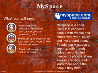 Ning Home - displays user’s photo, social networks, and friends.  It displays upcoming events. Profile – displays user’s information and photo.  Where user will go to update status and post links Social Networks – displays networks that user has joined or created.  Shows photos of other members in these networks Friends – displays a list of user’s friends  Notifications – informs users of any messages or friend request or events Settings – allows user to modify profile, email, security, and social network features. 