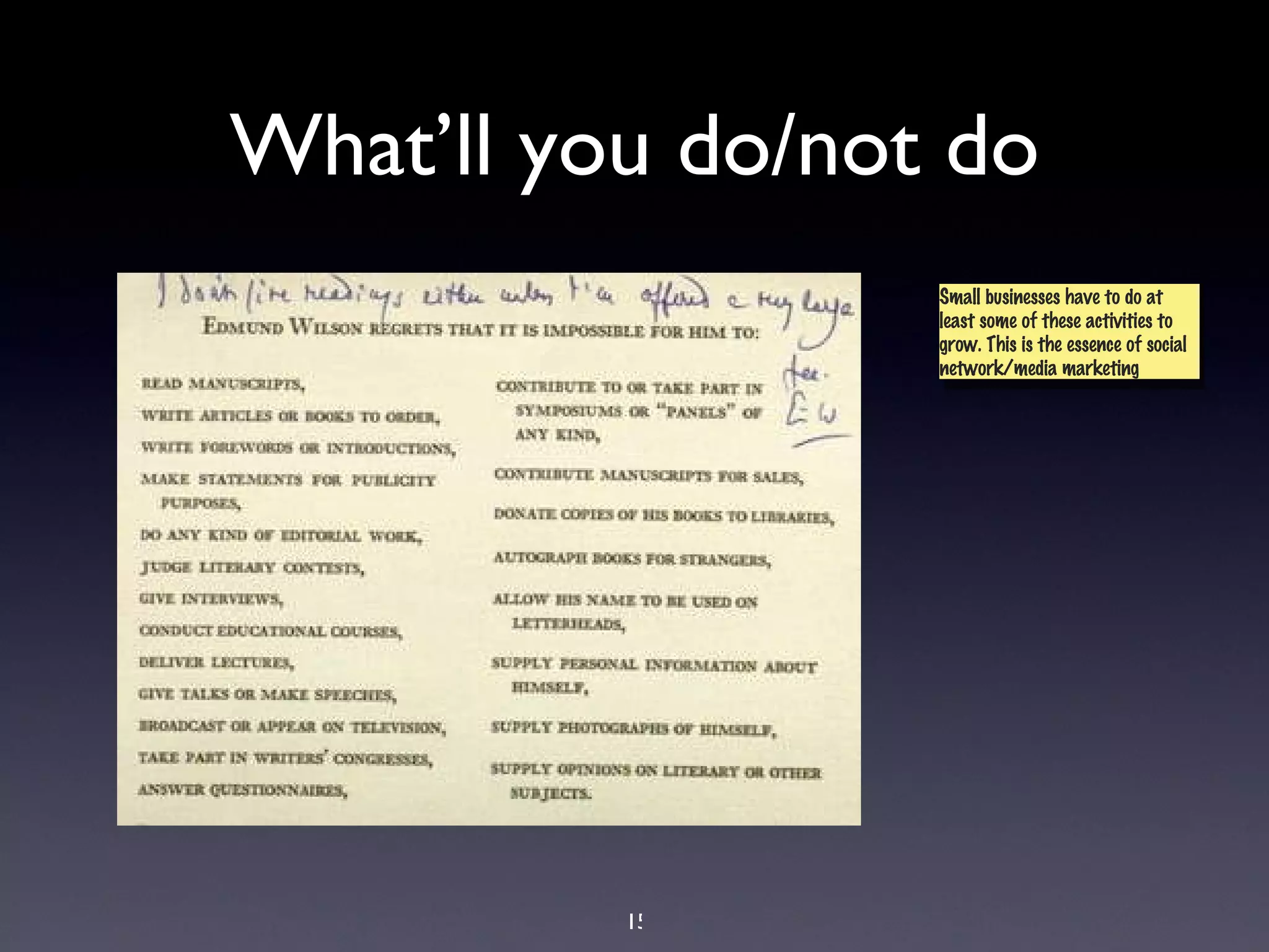 Uncomfortable with trivia?

•   Facebook used to be a ‘work’ site and was
    distinguished from myspace.com which was
    primarily for high school children - it now has
    more than 200M members

•   Twitter has more than 12M users

•   Linkedin has been around for over 8 years and has
    over 50M members



                           15
 